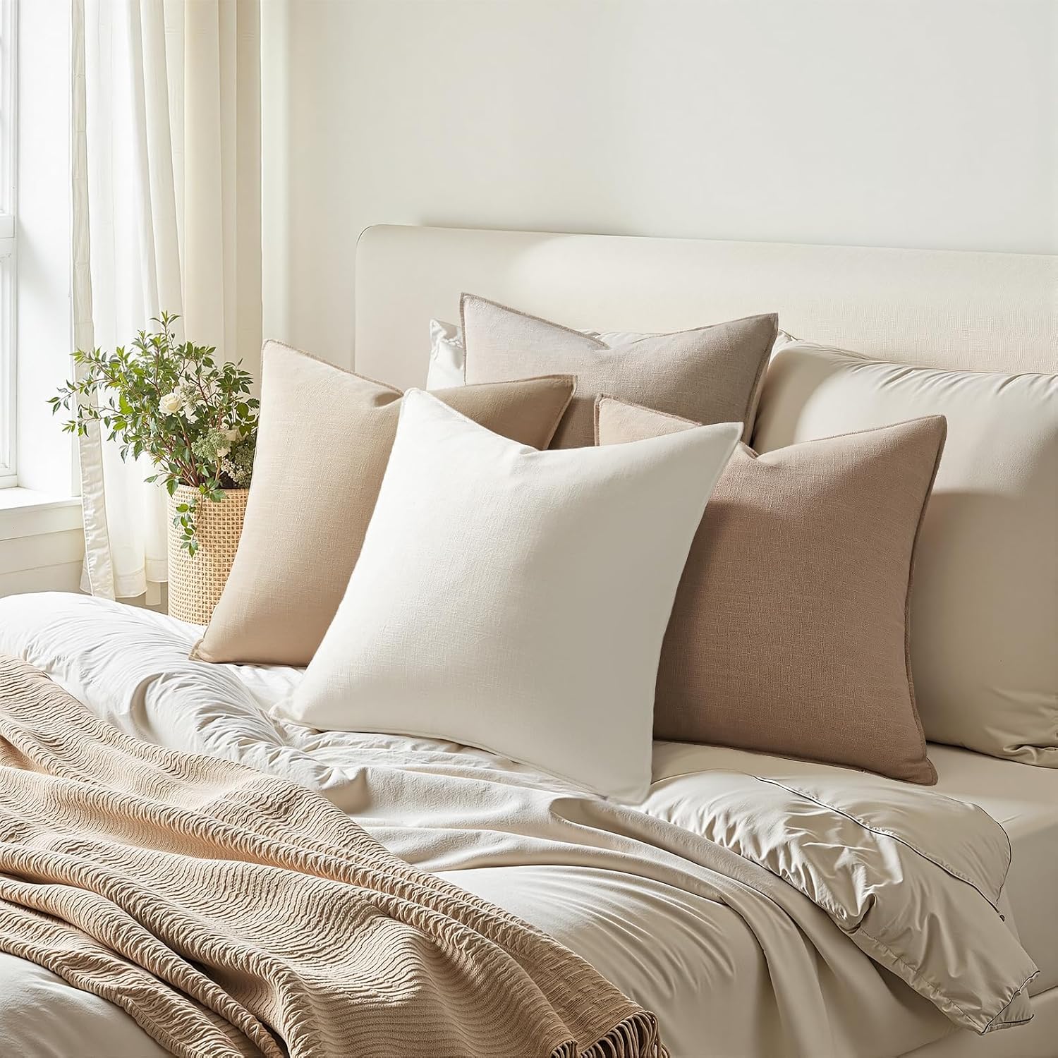 Decorative Linen Pillow Covers Boho Couch Throw Pillows for Bed / Natural / 18 x 18 / Set of 4