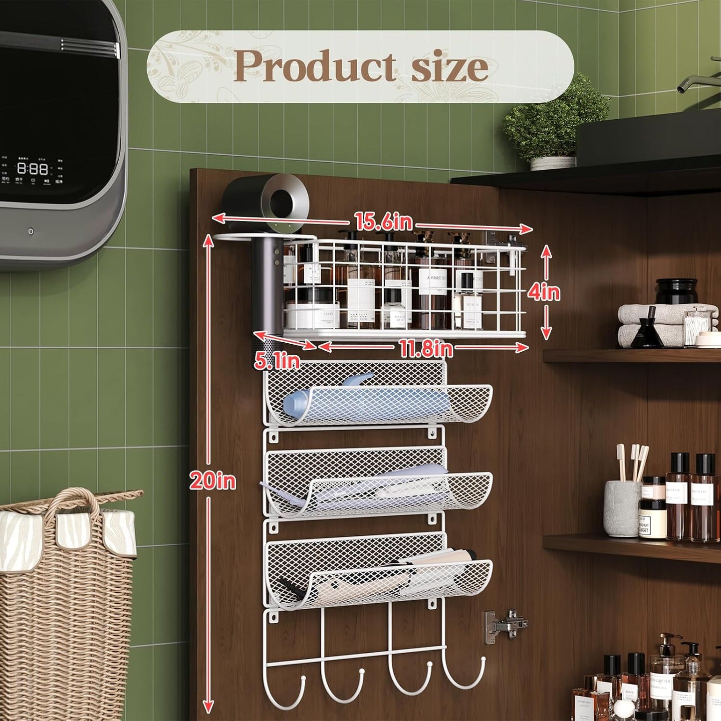 Wall-Mounted Hair Dryer Holder Styling Tool Organizer 4-Shelf Storage Wire Basket with Hook Heat Safe Rack for