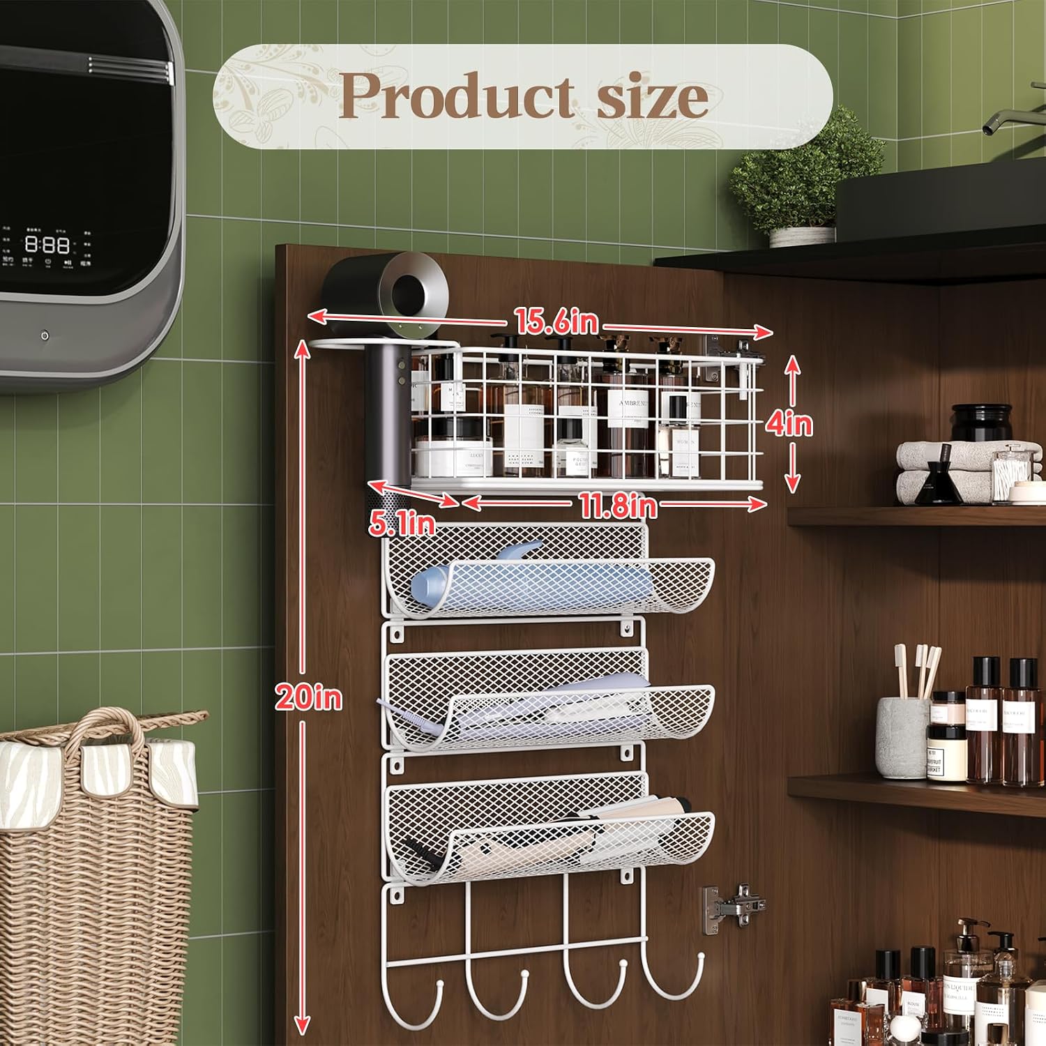 Wall-Mounted Hair Dryer Holder Styling Tool Organizer 4-Shelf Storage Wire Basket with Hook Heat Safe Rack for
