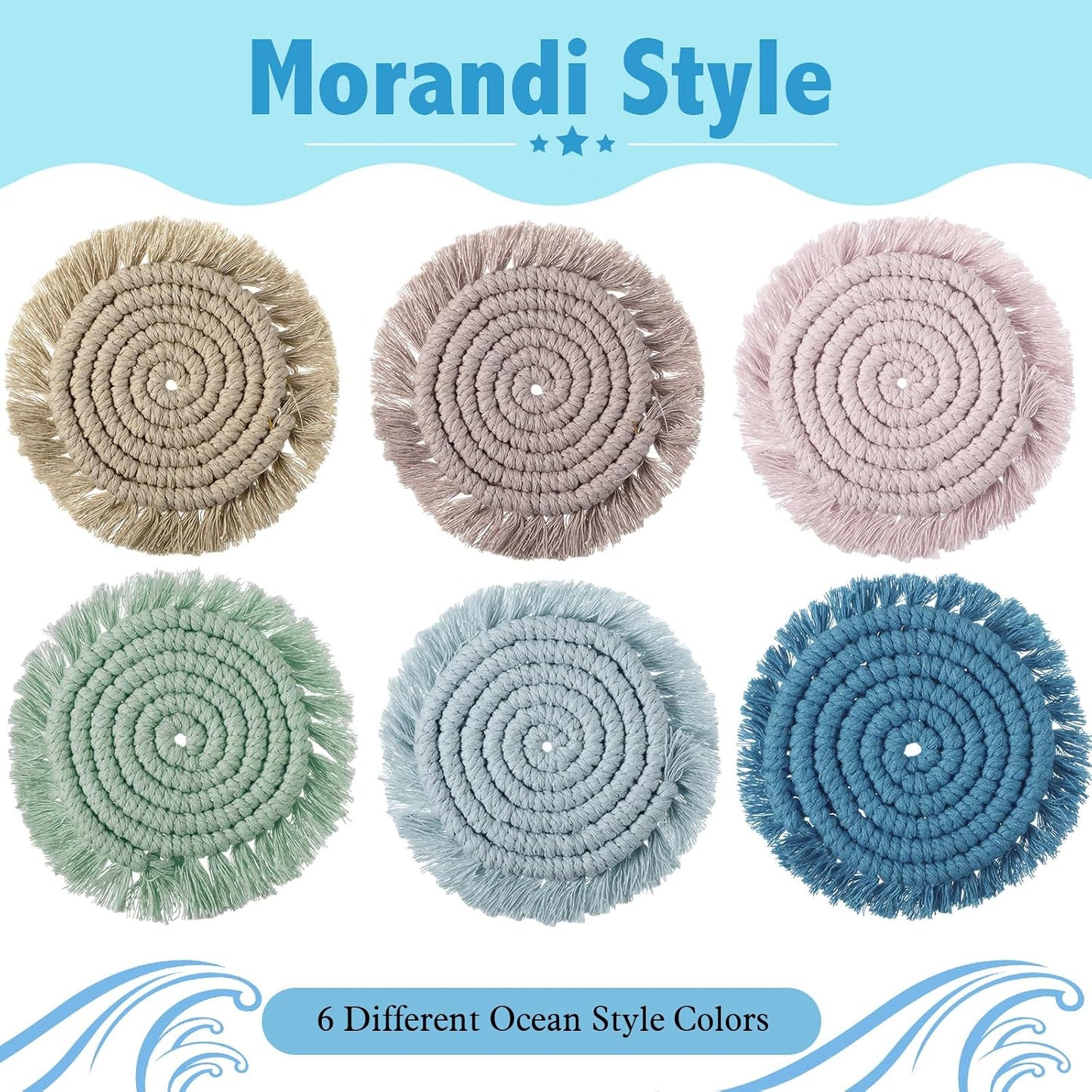 Holder Farmhouse Tassel Macrame Cup Mat / Morandi / Set of 6