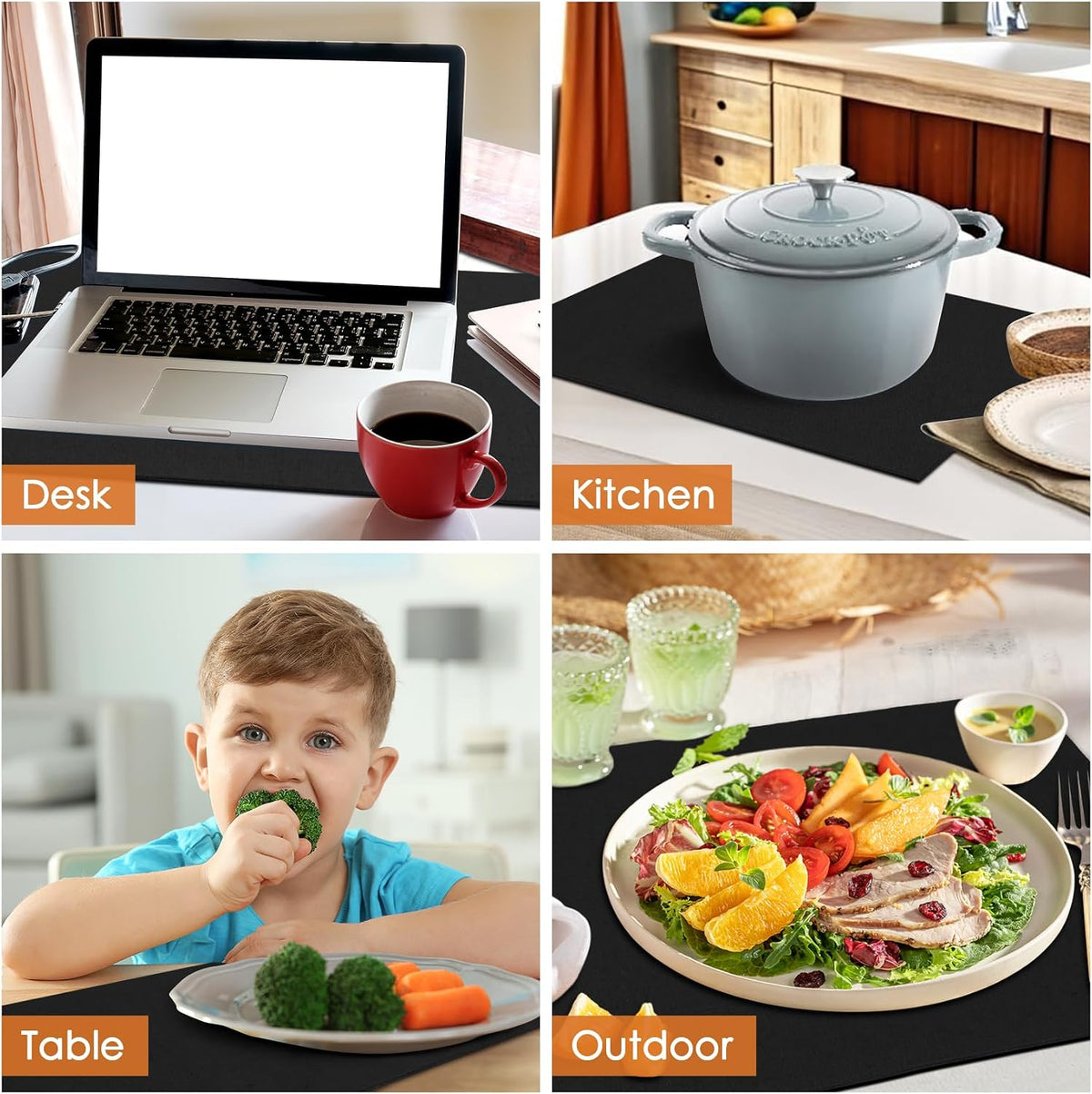 MANSPHIL Black Cloth Placemats Set of 6 Double Layer Thick Fabric Table Mats Faux Linen Place Mats Heat Resistant