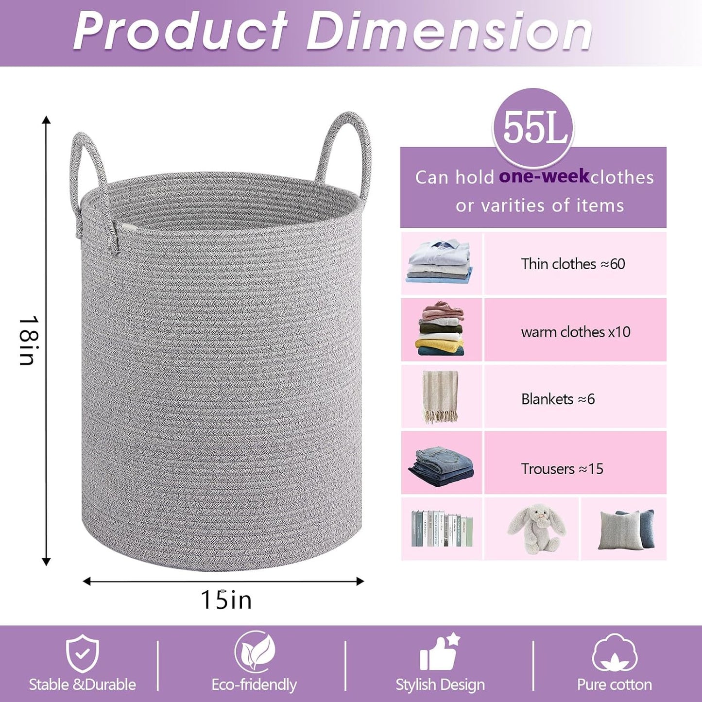 Large Laundry Basket / Light Grey / 60L