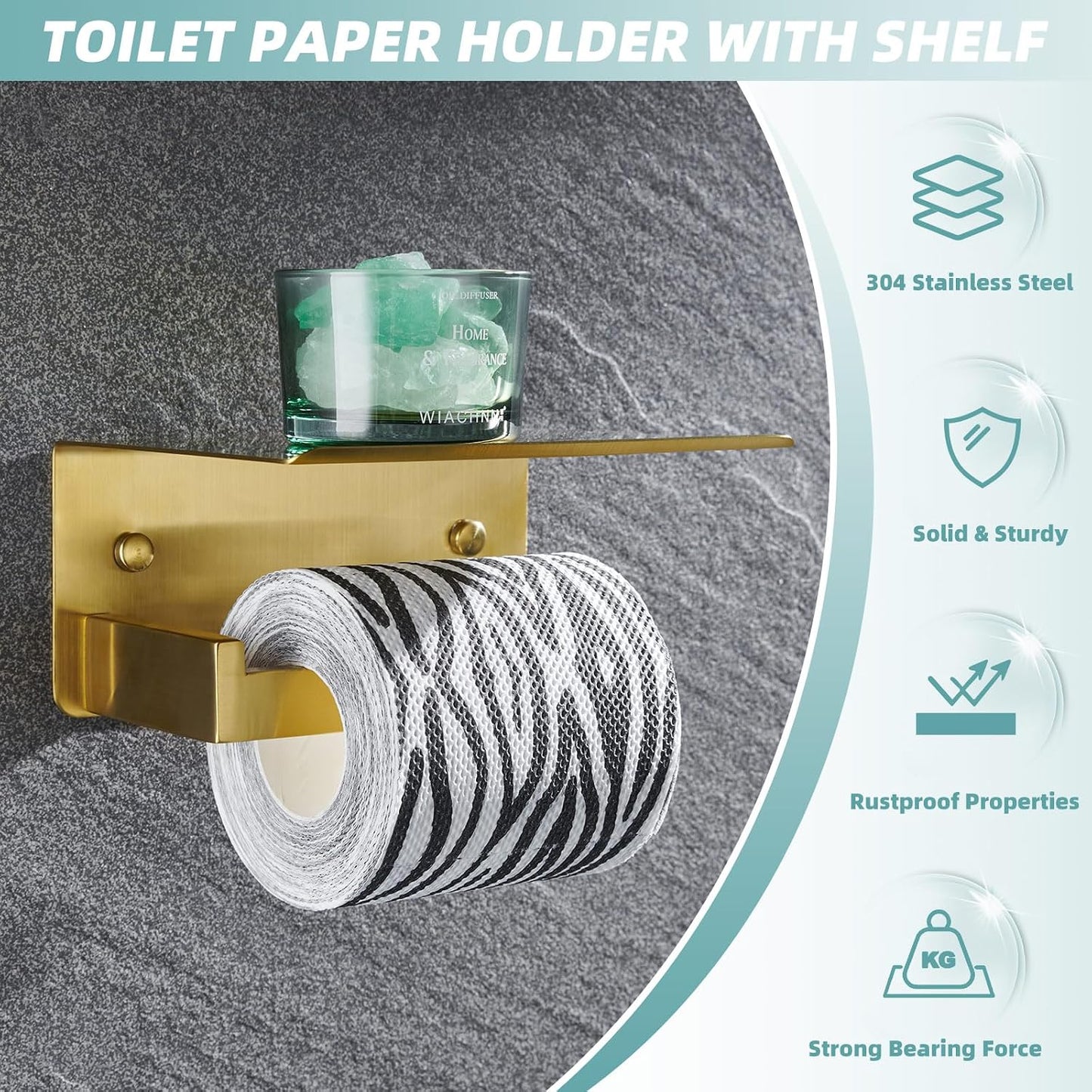 APLusee Brushed Dark Gold Toilet Paper Holder with Shelf, Wall Mounted | Rustproof 304 Stainless Steel, Functional