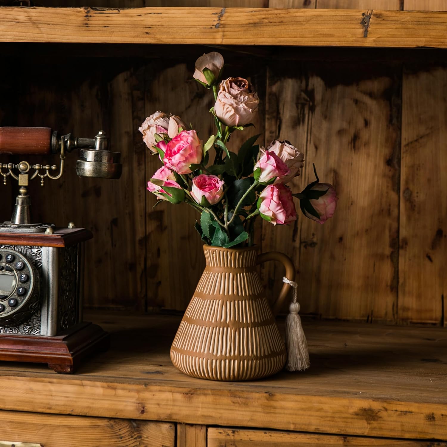 Rustic Farmhouse Vase / Yellow - Tassel