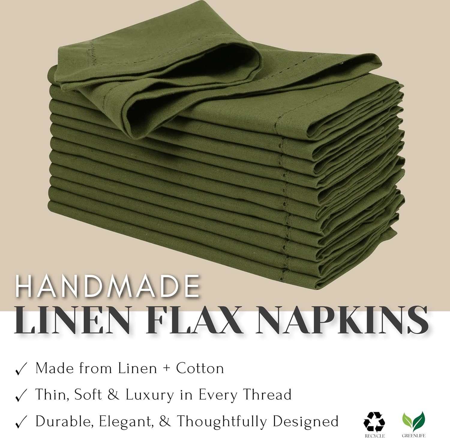 Ramanta Home Olive Green Cloth Dinner Napkin Set of 12-18x18 Inches | Cotton Linen Flax Hemstitched Napkins Washable
