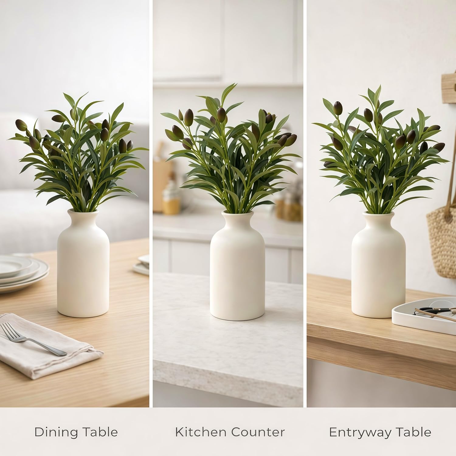 Matte Ceramic Vase 5.7 / Artificial Olive Branches and Berries with Vase / White / Set of 4