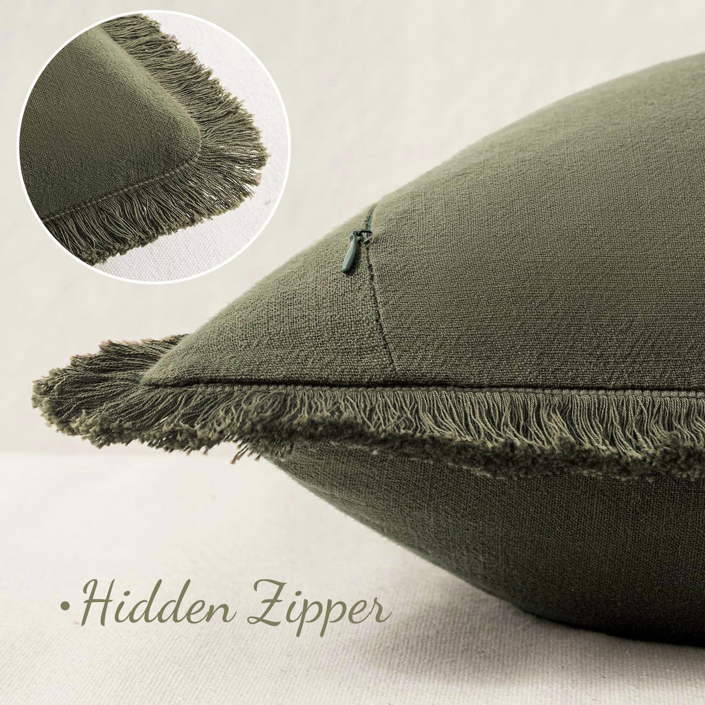 Decorative Throw Pillow Covers Neutral Linen Fringe Throw Pillows / 18 x 18 / Olive Green / Set of 2
