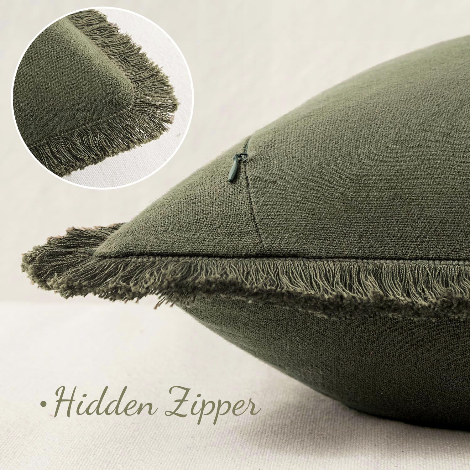 Decorative Throw Pillow Covers Neutral Linen Fringe Throw Pillows / 18 x 18 / Olive Green / Set of 2