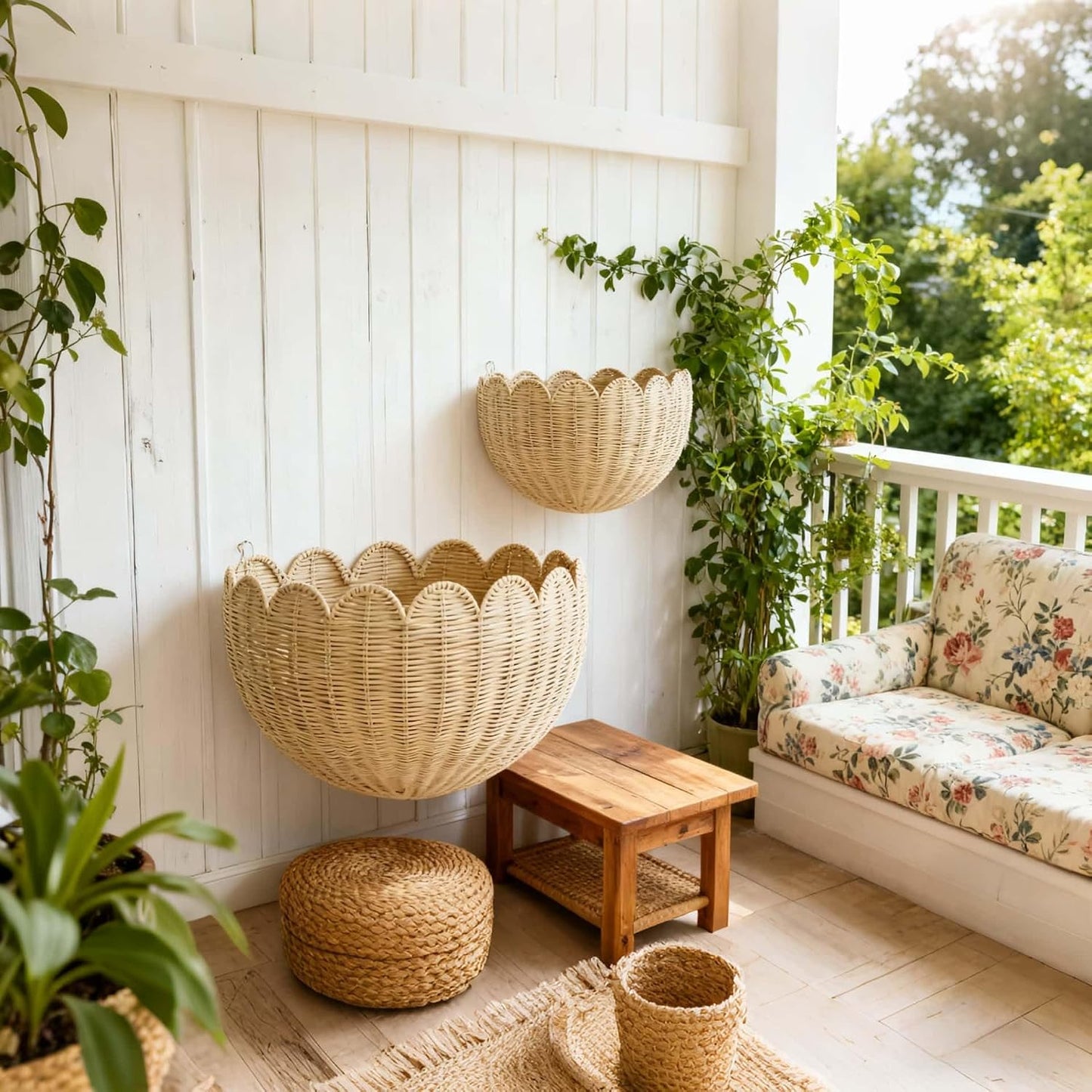 Hand Woven Hanging Wicker Wall Baskets Set / 16 x 10 x 7