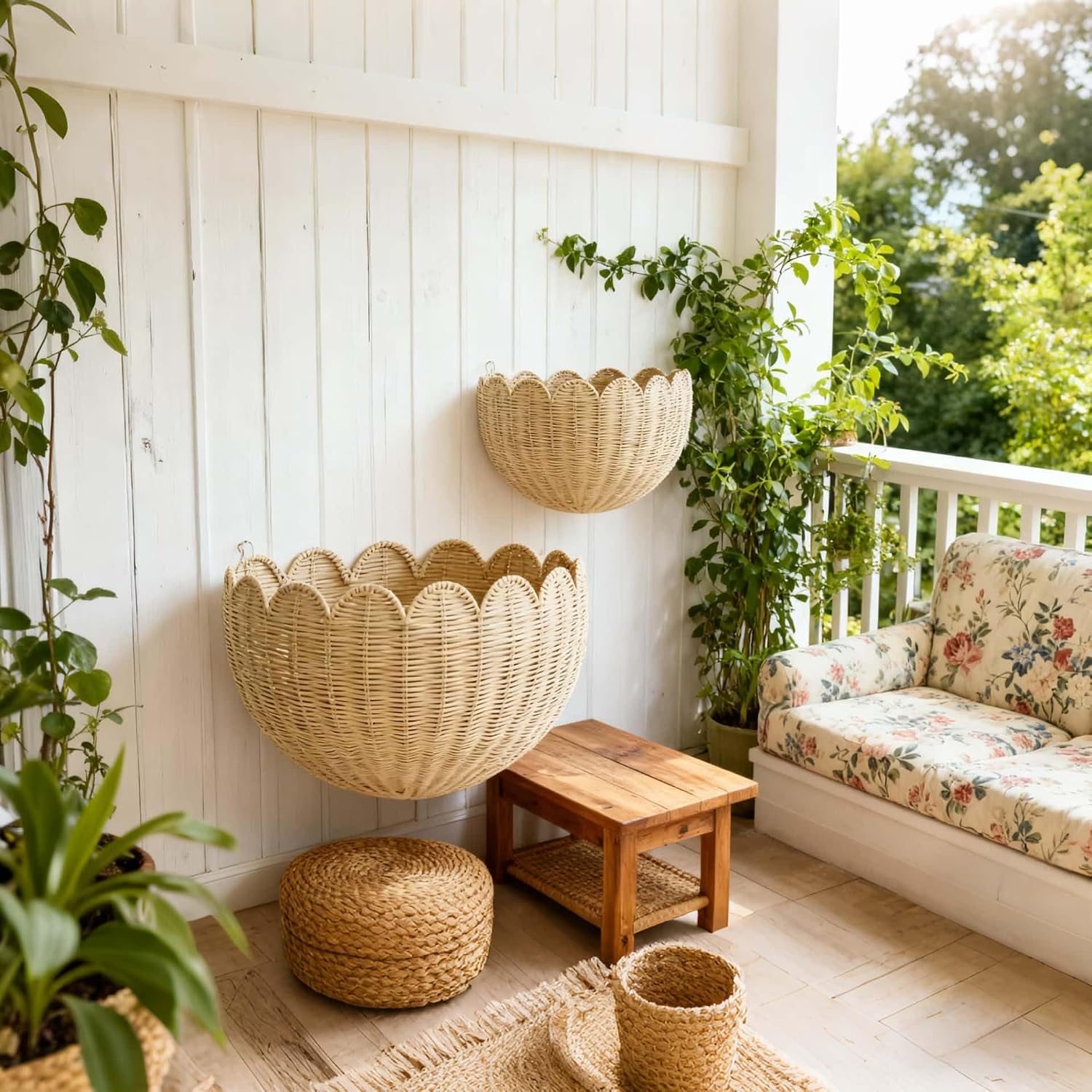 Hand Woven Hanging Wicker Wall Baskets Set / 16 x 10 x 7
