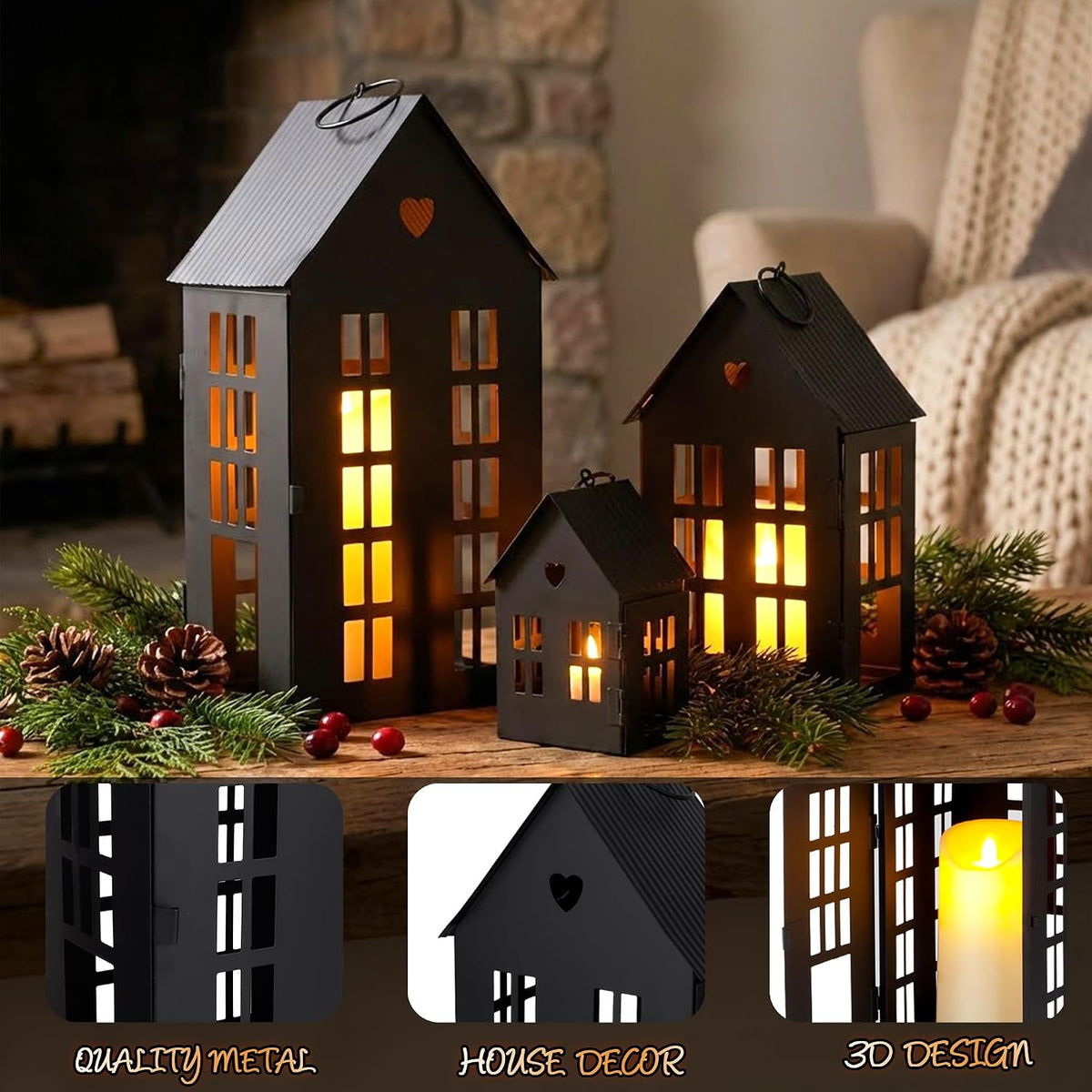 TRIROCKS Set of 3 Decorative Hanging Lanterns 13.5"&9.5"&5.5" H Gothic Street Town House Village Decor Candle Holders