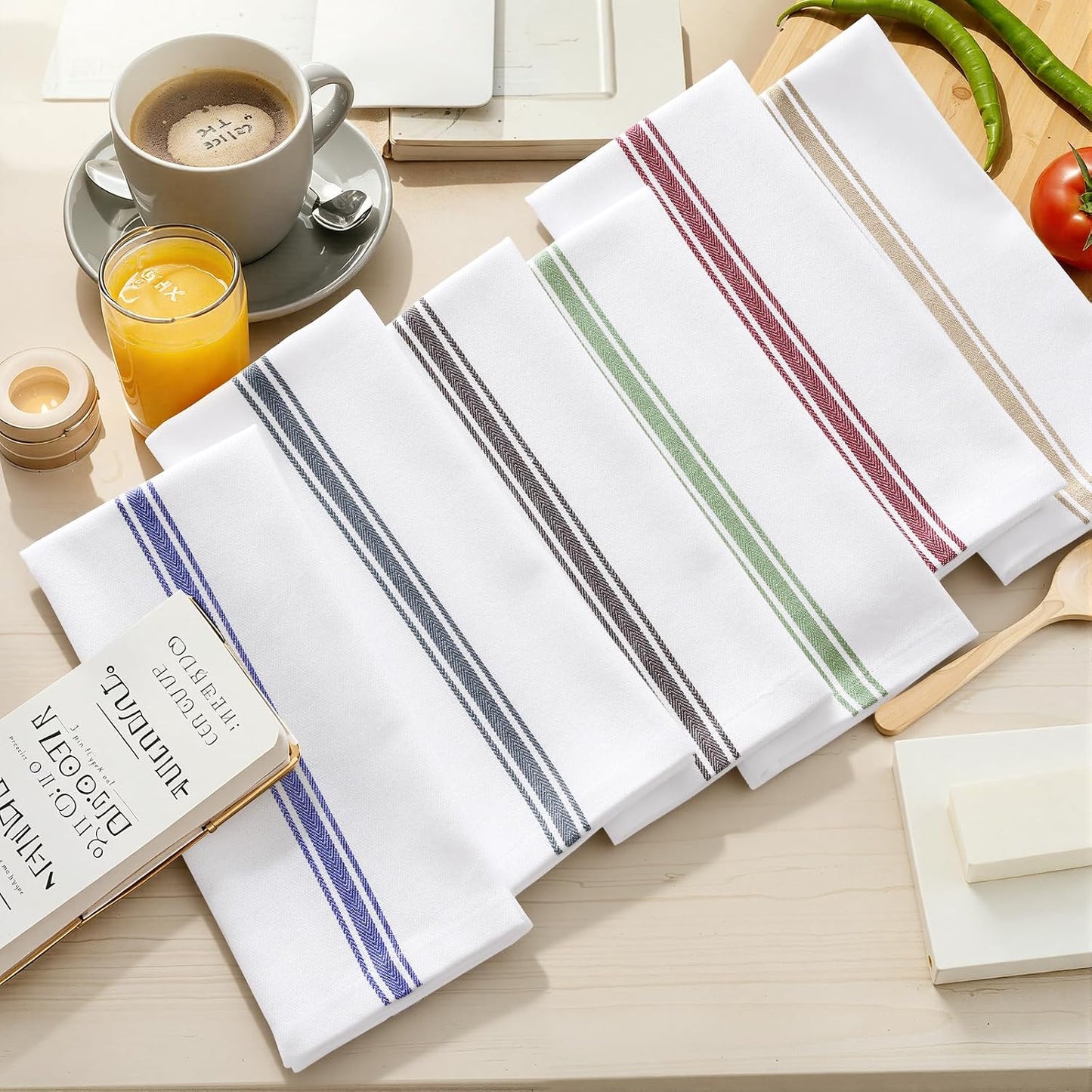 Homaxy 100% Ring Spun Cotton Kitchen Towels 24 Pack, Blue Stripe | 15 x 25 Inch, Highly Absorbent Dish Towels for