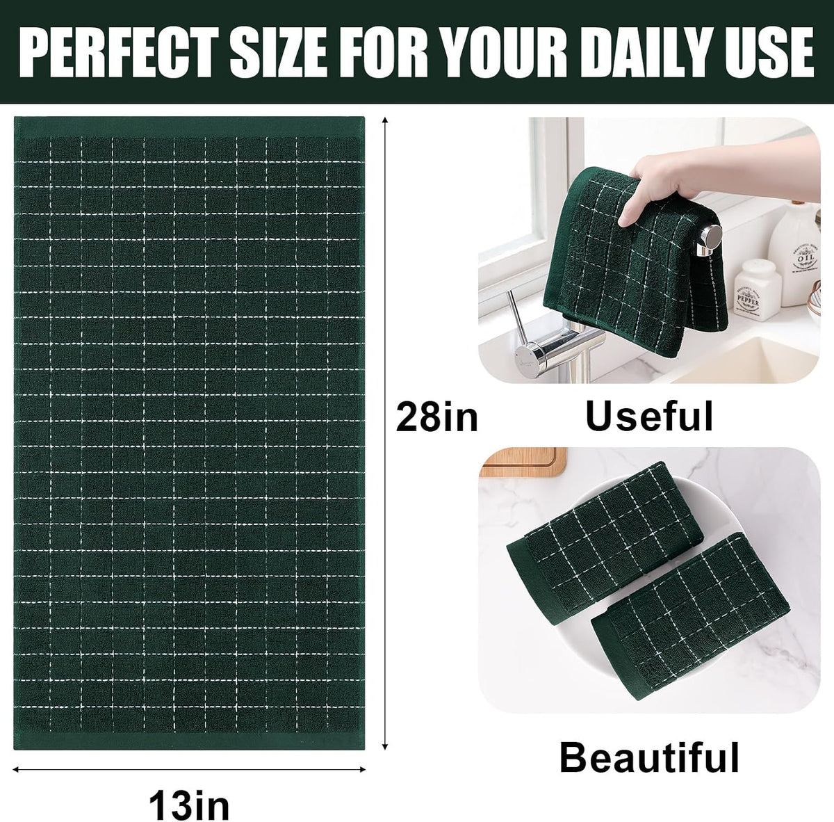 Homaxy 100% Cotton Terry Kitchen Towels, 6 Pack, Blackish Green | Ultra Soft and Absorbent Dish Towels for Kitchen