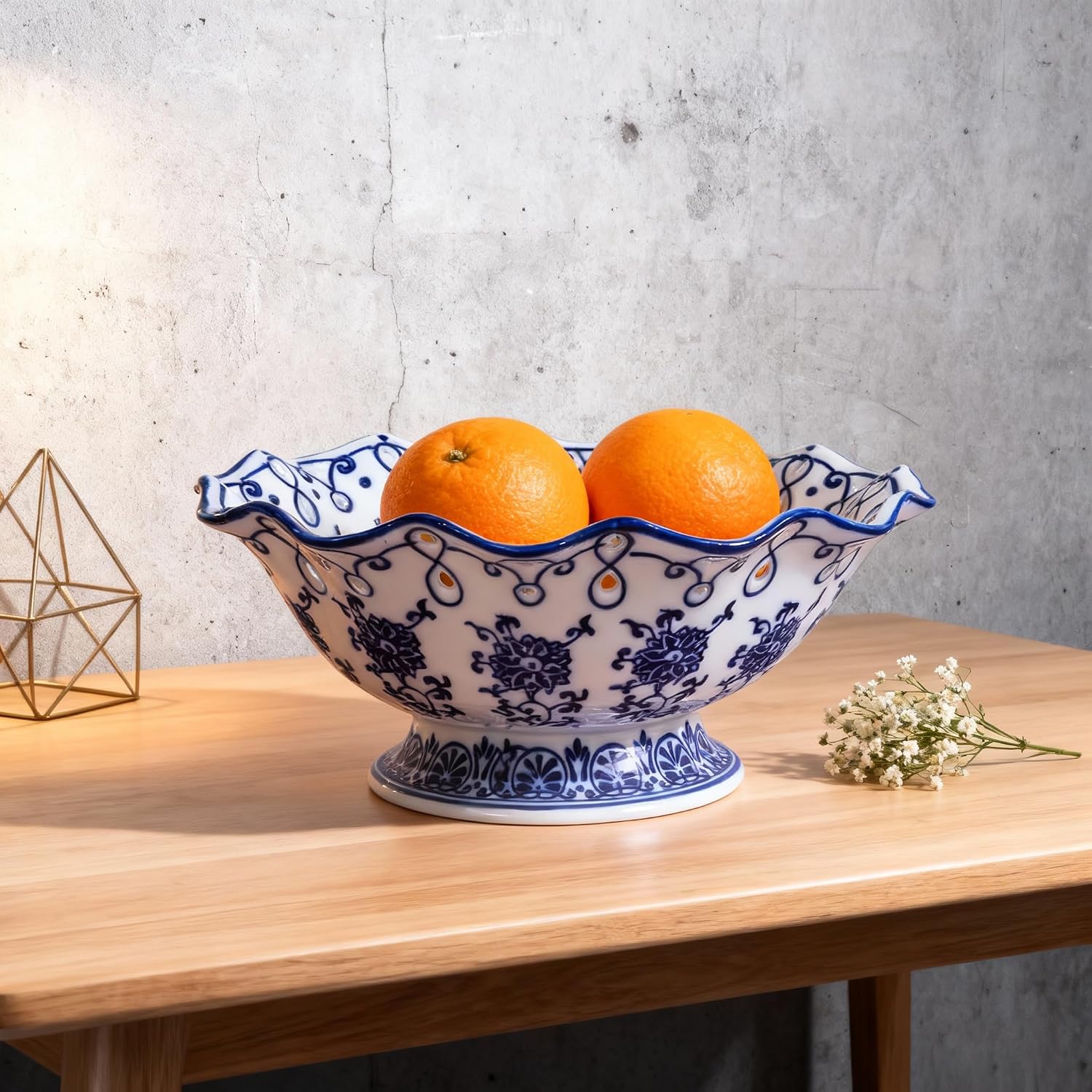 9.5" Large Ceramic Fruit Pedestal Bowl / Medium / Floral / Blue
