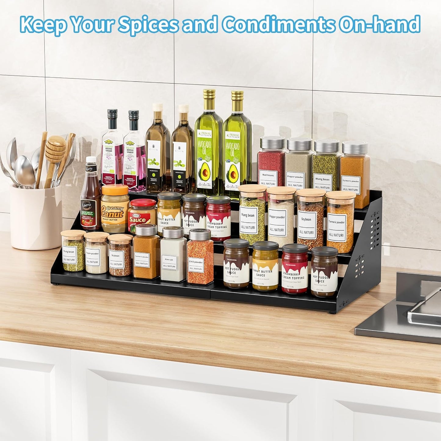 BOIVSHI 3 Tier Spice Rack for Cabinet, Adjustable Shelf, Black | Expandable Width 13"-22" Spice Organizer for