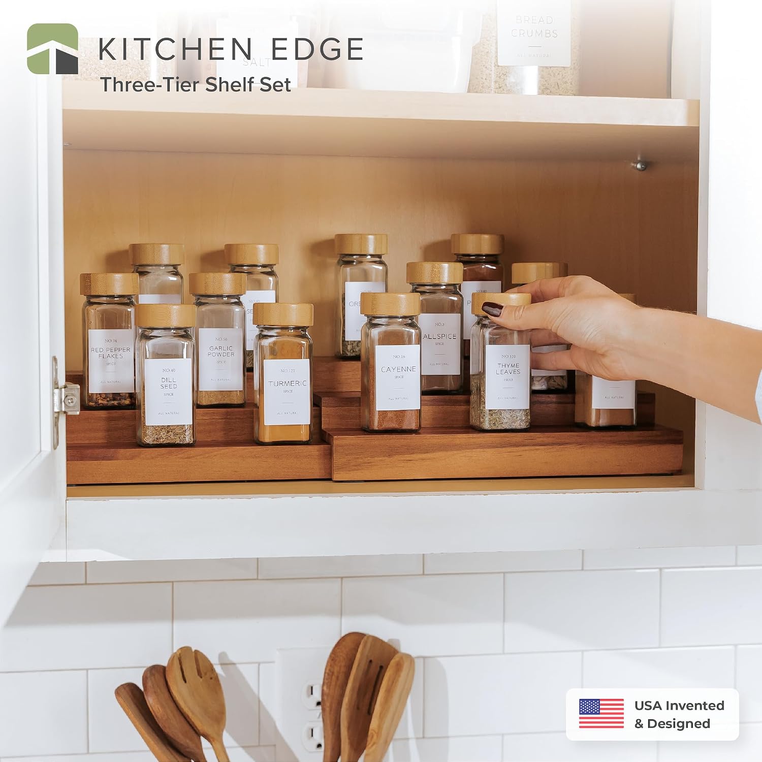 3-Tier Expandable Spice Rack Organizer, Acacia | Fits 36 spice jars, pantry storage, non-slip feet