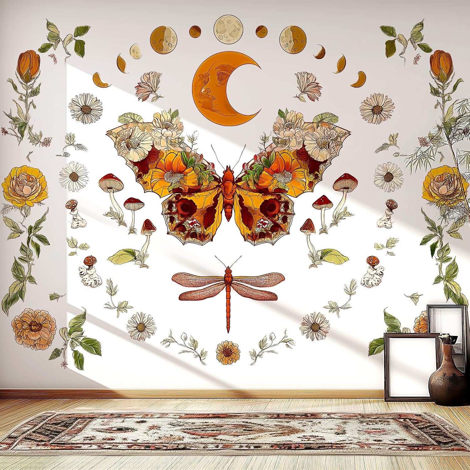 Boho Flowers Butterfly Wall Decals Peel and Stick / Brown, Orange, Green, Beige, Multicolor