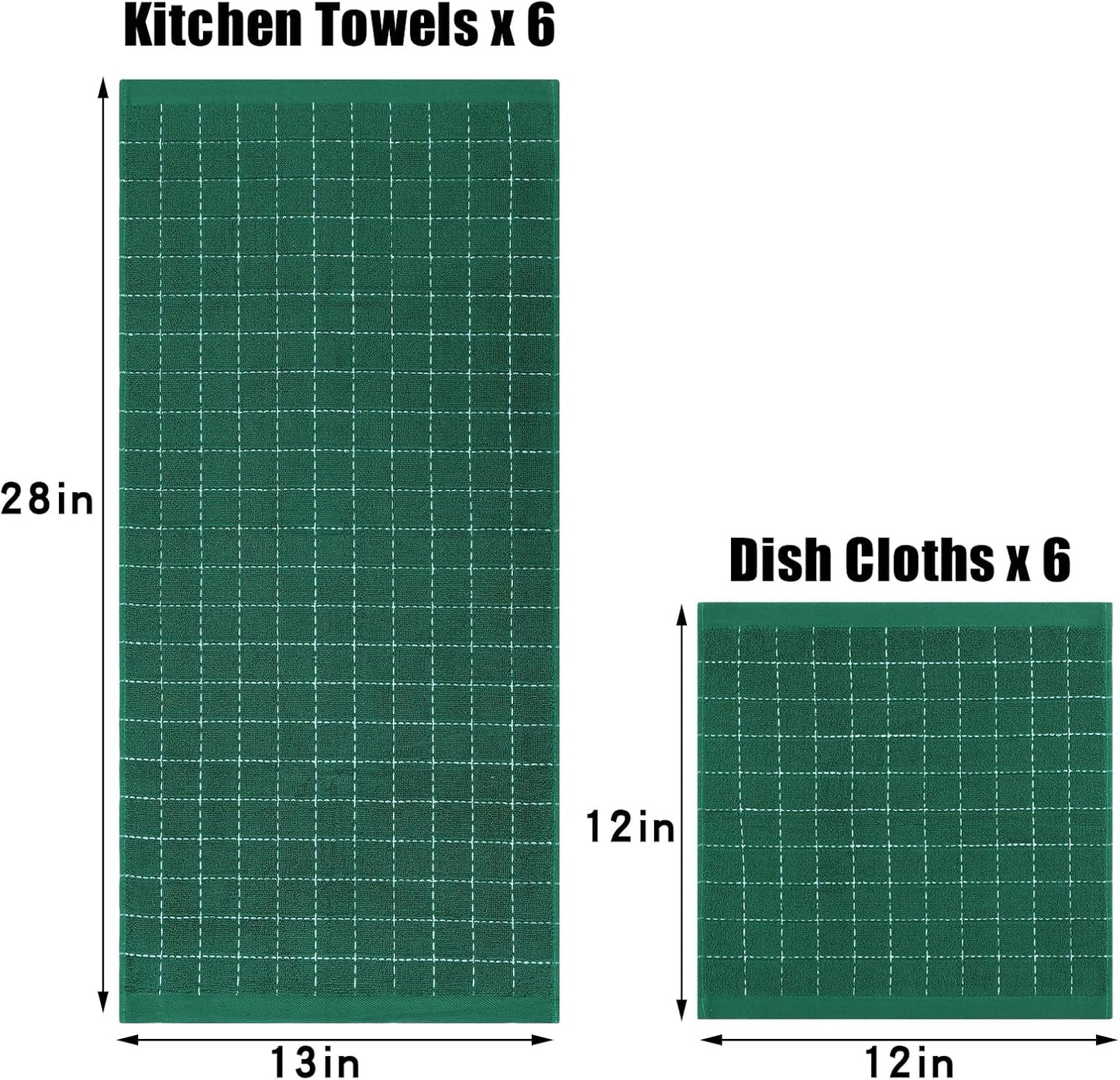 Homaxy Kitchen Towels and Dishcloths Set, Set of 12, Dark Green | Bulk Cotton Terry Kitchen Towels, Checkered Designed