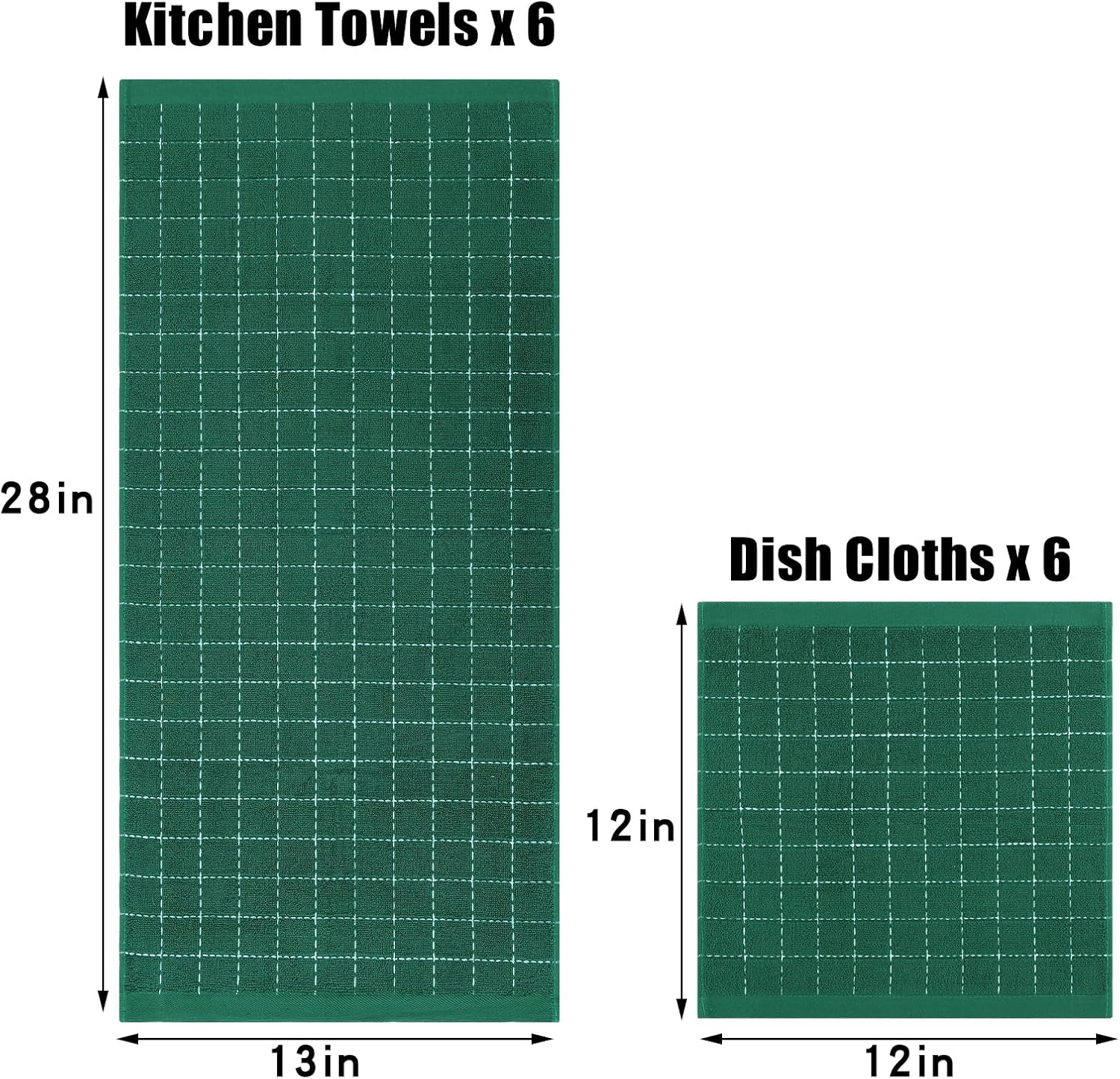 Homaxy Kitchen Towels and Dishcloths Set, Set of 12, Dark Green | Bulk Cotton Terry Kitchen Towels, Checkered Designed