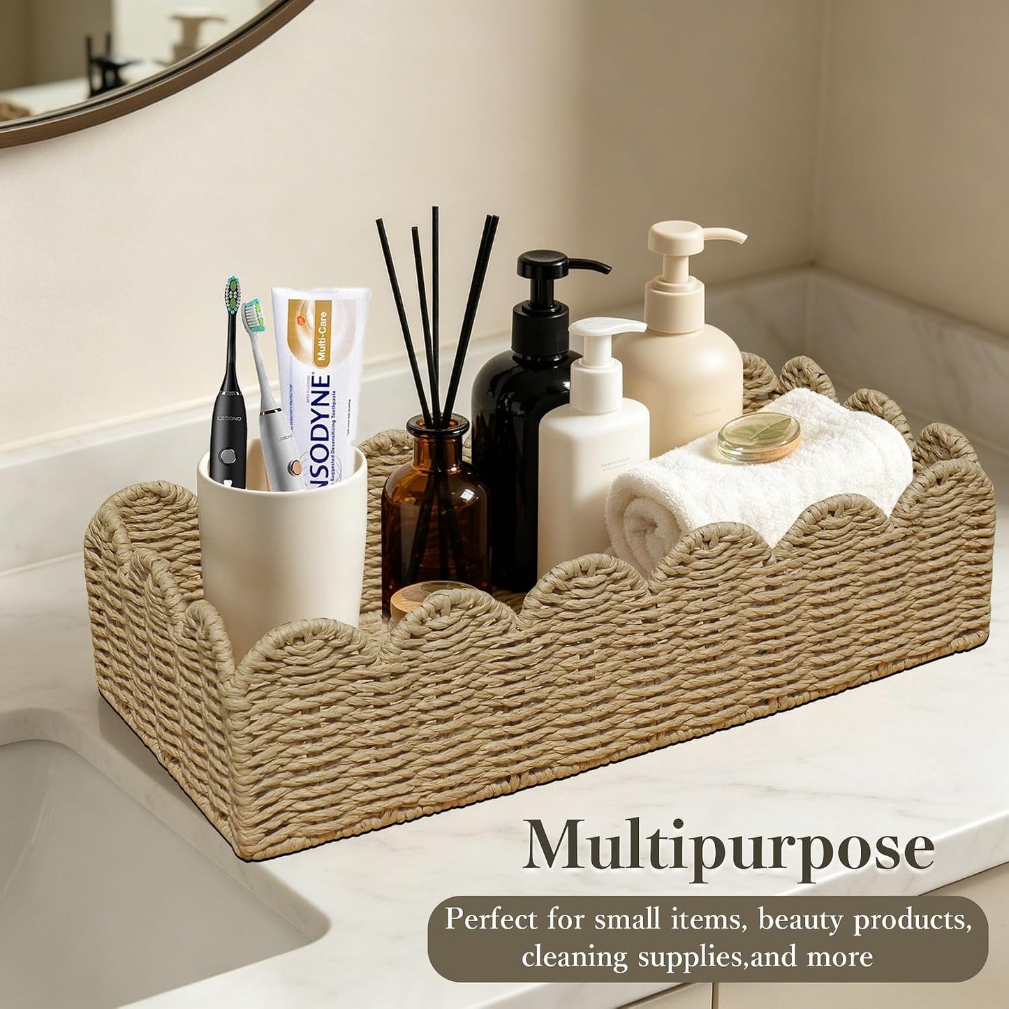Scalloped Wicker Toilet Paper Storage Basket / Beige / Set of 2