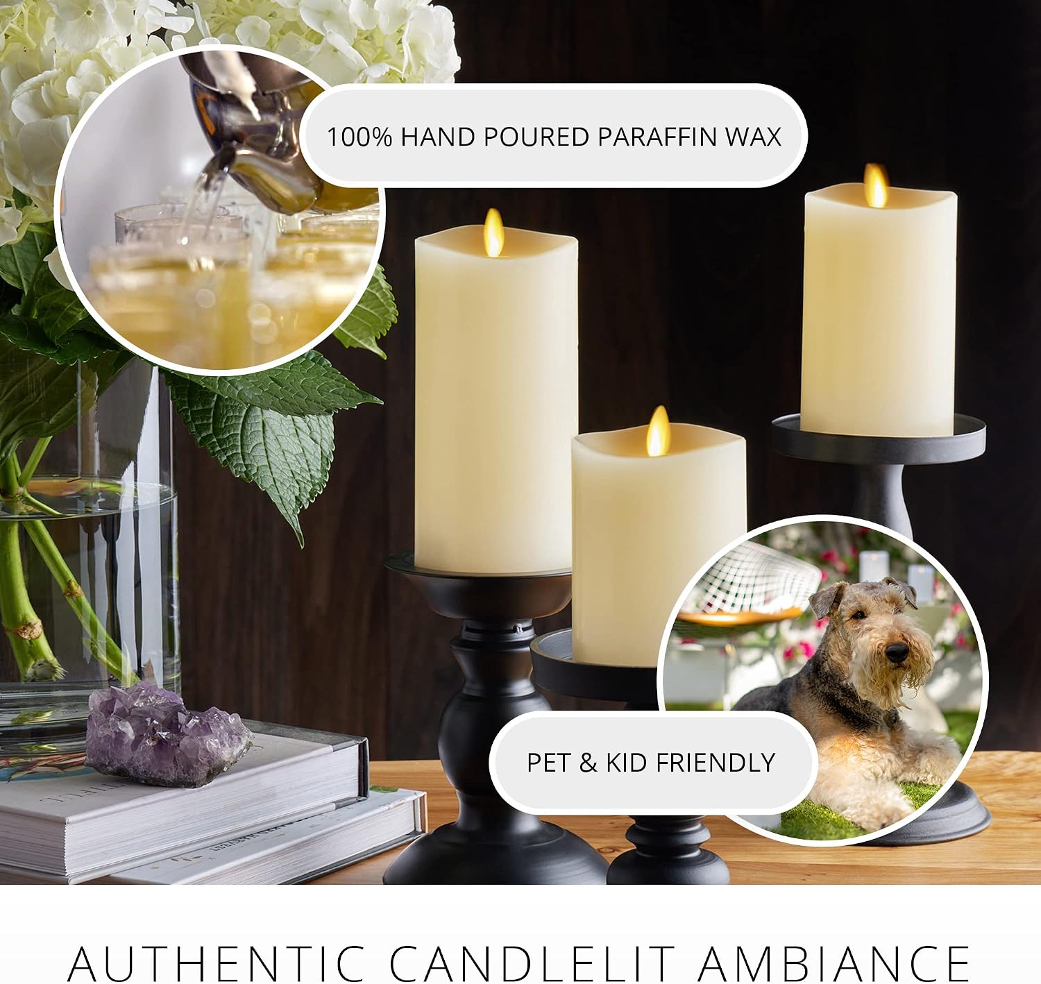 Luminara Realistic Flameless LED Set of 3 Ivory Pillar Candles, Home Safe Moving Flame Melted Top Illumination, Battery