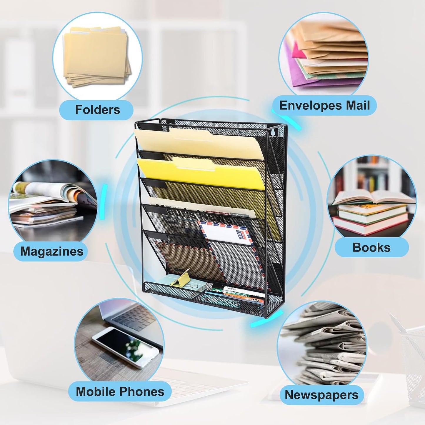 Magnetic File Organizer Mesh 6-Tier, Hanging Wall Mount File Organizer Vertical Holder Rack for Office Home, Black
