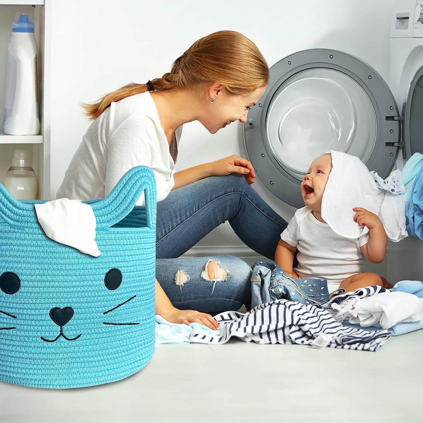 Animal Basket / Large Cat Toy Basket / Blue / Blue Cat / 15 Inch