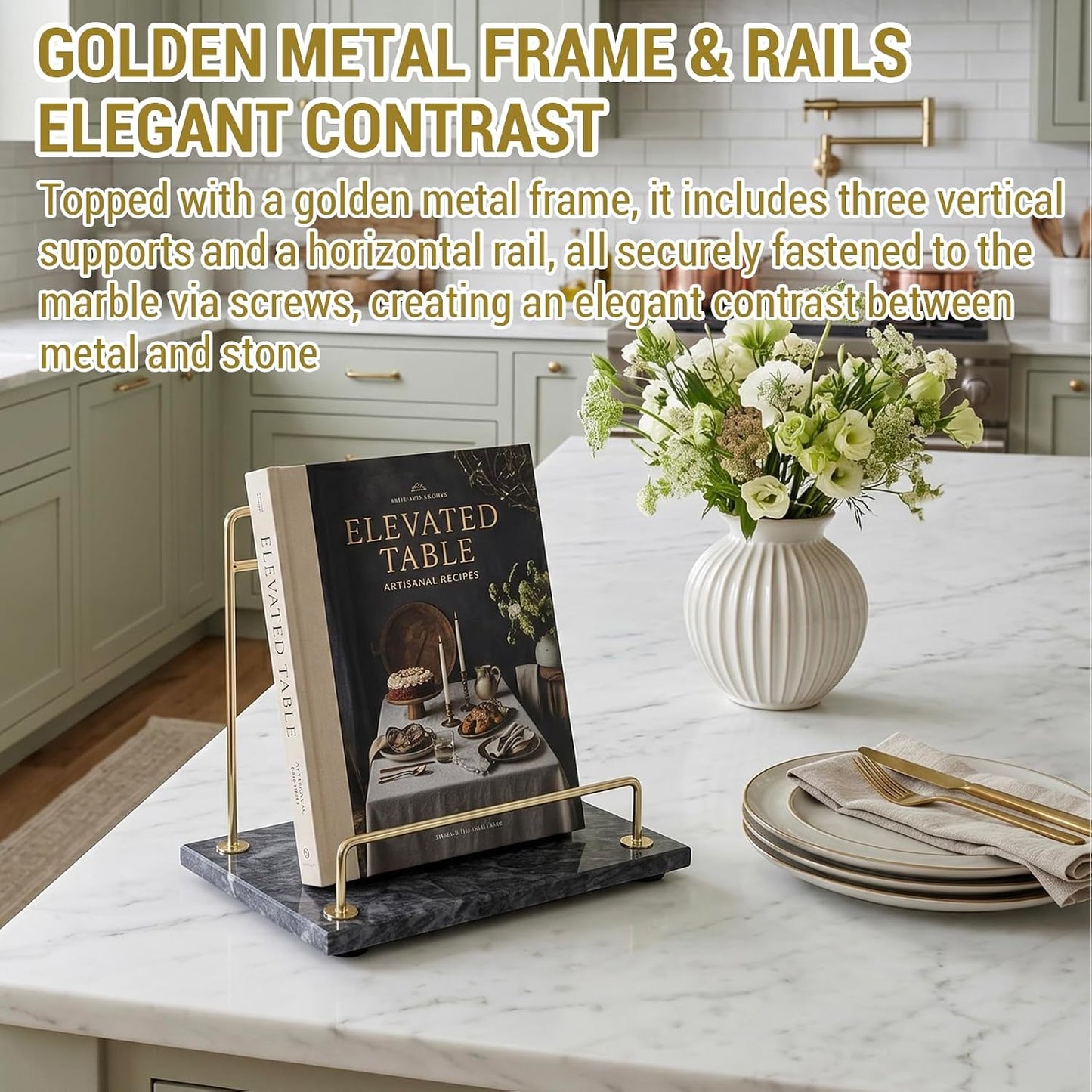 MyGift Black Marble Cookbook Stand, Recipe Holder with Brass Tone Rail | Modern black marble cookbook stand features a