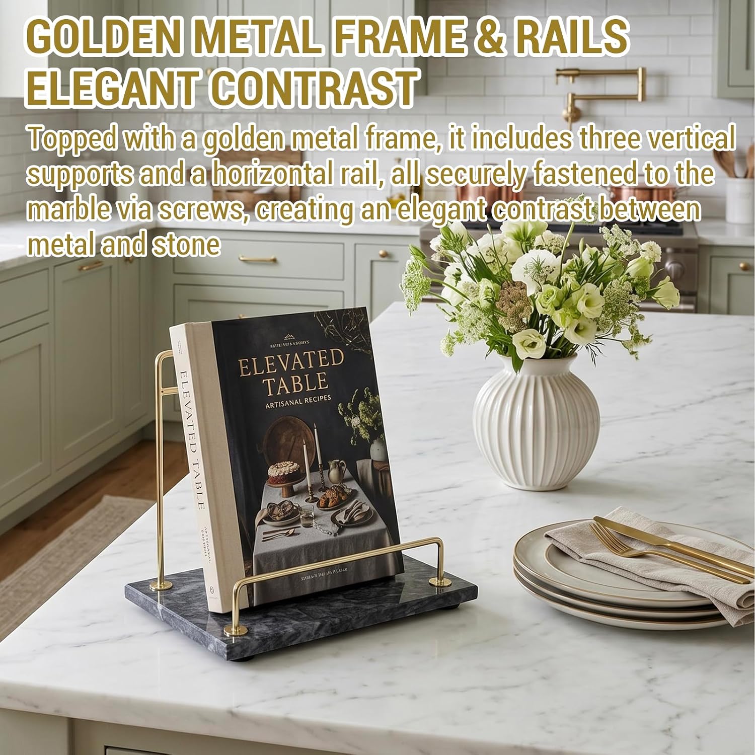 MyGift Black Marble Cookbook Stand, Recipe Holder with Brass Tone Rail | Modern black marble cookbook stand features a