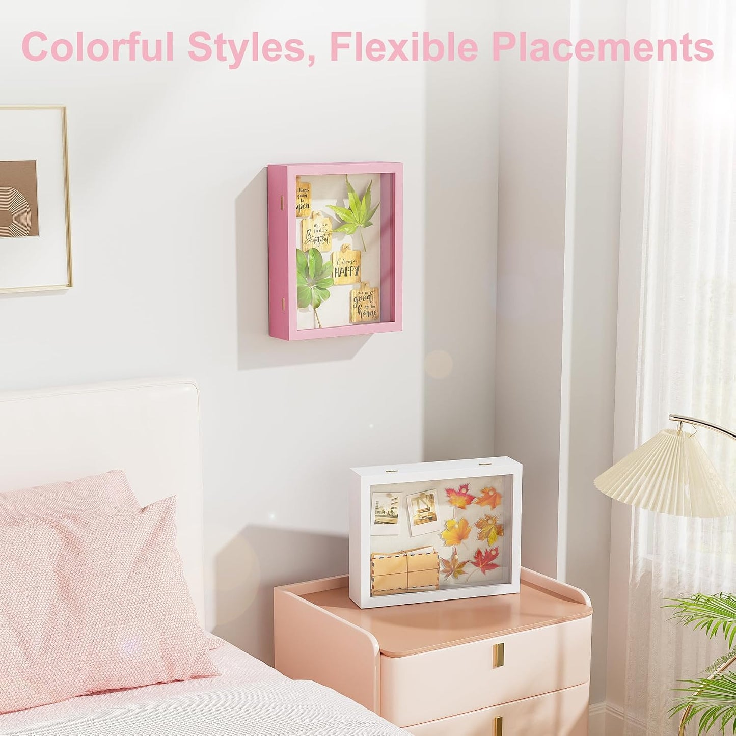 Love-KANKEI Deep Large Shadow Box 11x14,Solid Wood Frame,Memory Box,Pink | Front-Opening Glass Magnetic Door,Linen