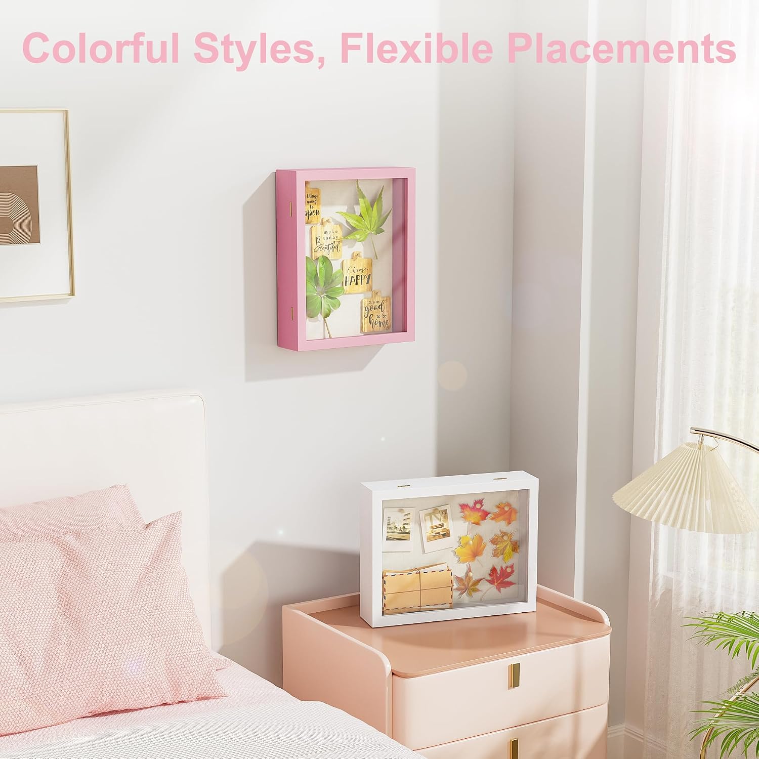 Love-KANKEI Deep Large Shadow Box 11x14,Solid Wood Frame,Memory Box,Pink | Front-Opening Glass Magnetic Door,Linen