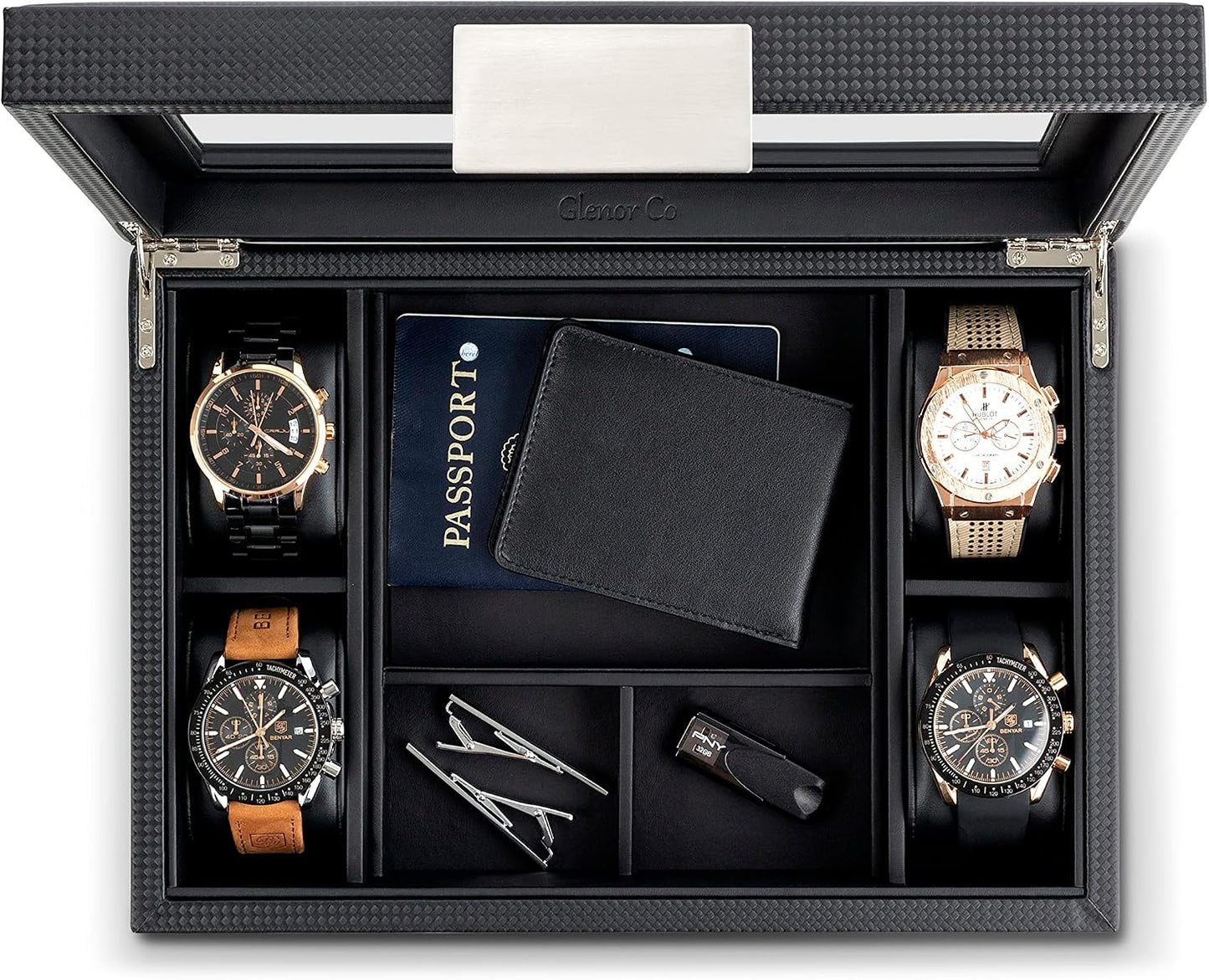 Glenor Co Valet Jewelry Box for Men - Holds 4 Watches, 12 cufflinks, 2 Sunglasses & Tray Storage - Mens Watch Case
