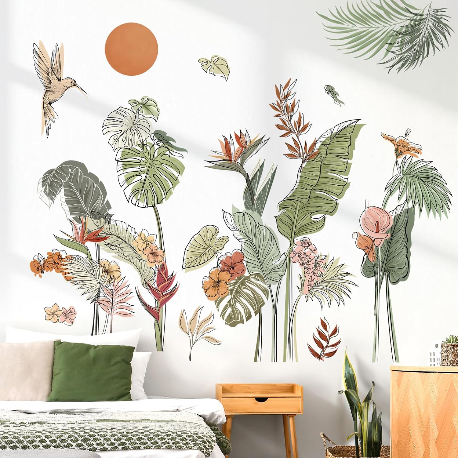 Boho Tropical Leaves Flower Wall Decals Bohemian Floral Plants Sun Wall Stickers Bedroom Living / B