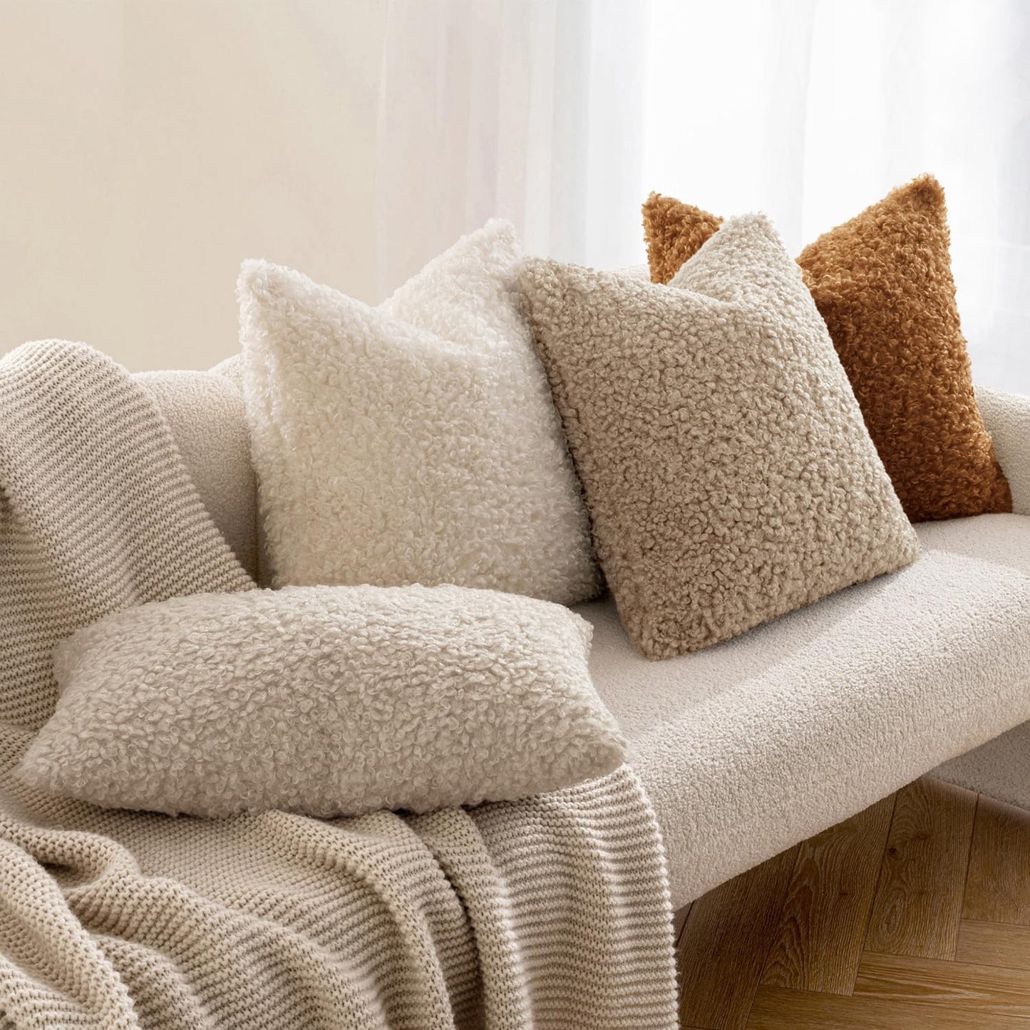 Throw Pillow Covers Faux Fur Decorative Sherpa Pillow Covers / 18 x 18 / Light Camel / Set of 2