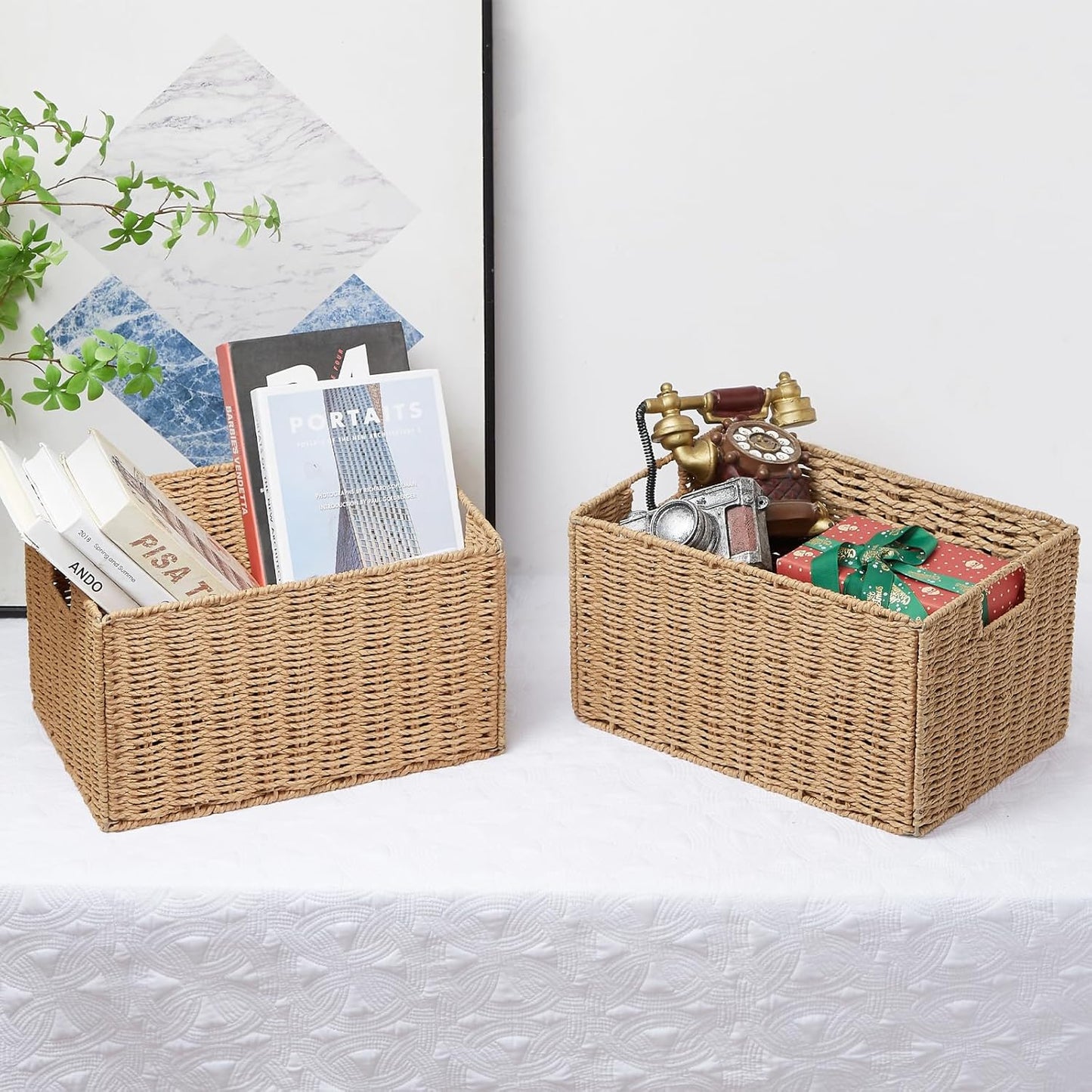 Wicker Storage Basket / Natural / 15.2"D x 10"W x 8.6"H / Set of 2