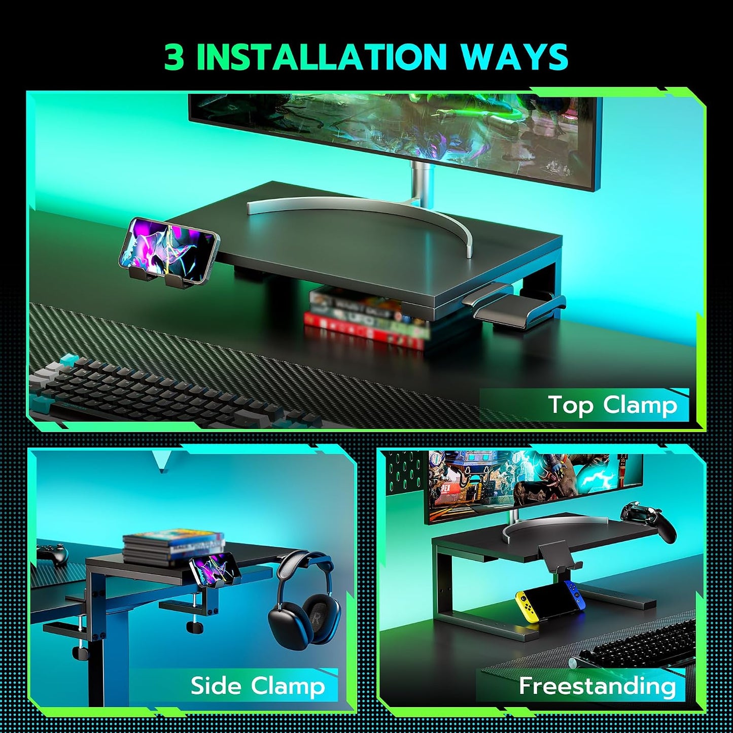 ARES WING Clamp-On 15" 3-in-1 Heavy Duty Desk Shelf Extender Black | Phone Headset holder Clamp Desk Extender