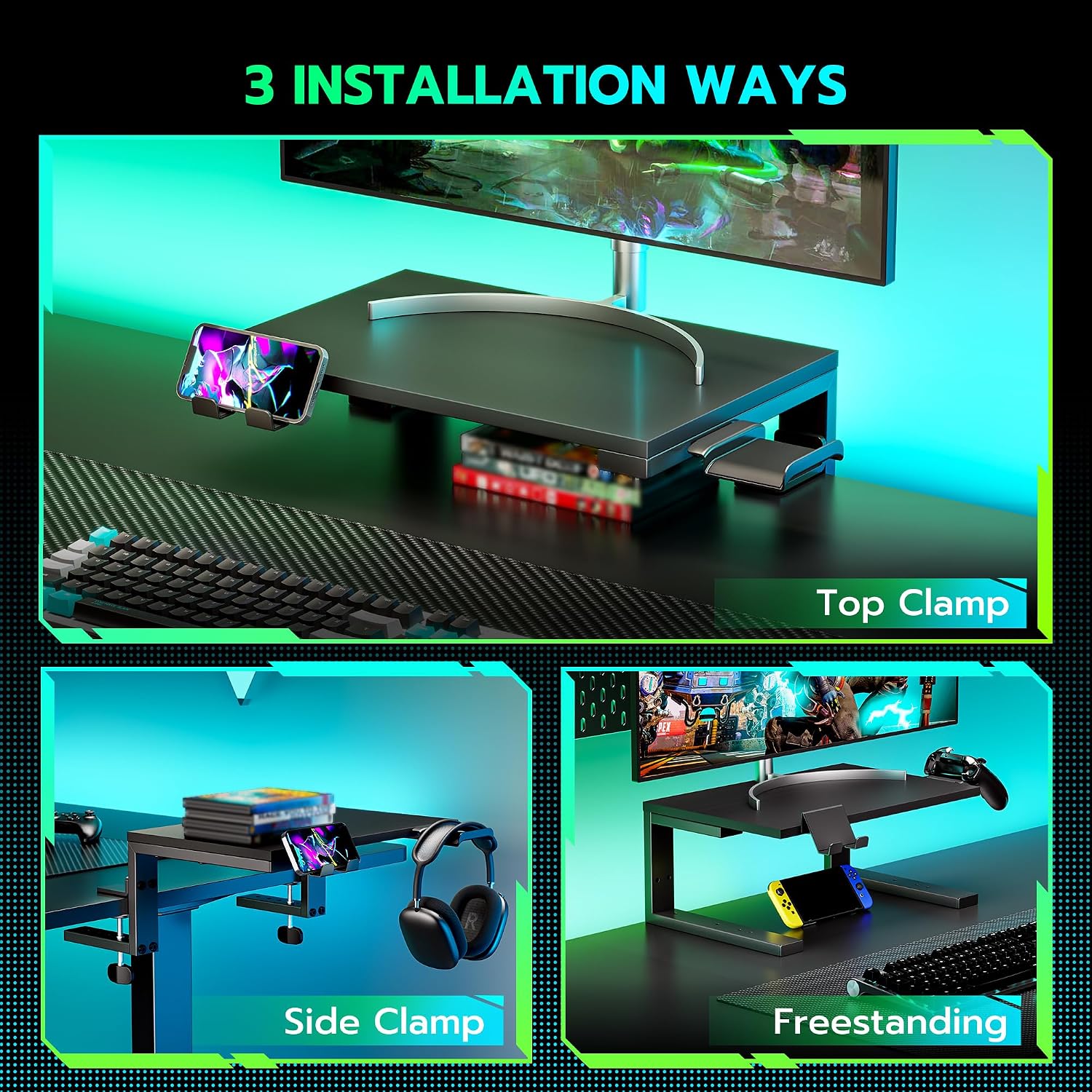 ARES WING Clamp-On 15" 3-in-1 Heavy Duty Desk Shelf Extender Black | Phone Headset holder Clamp Desk Extender