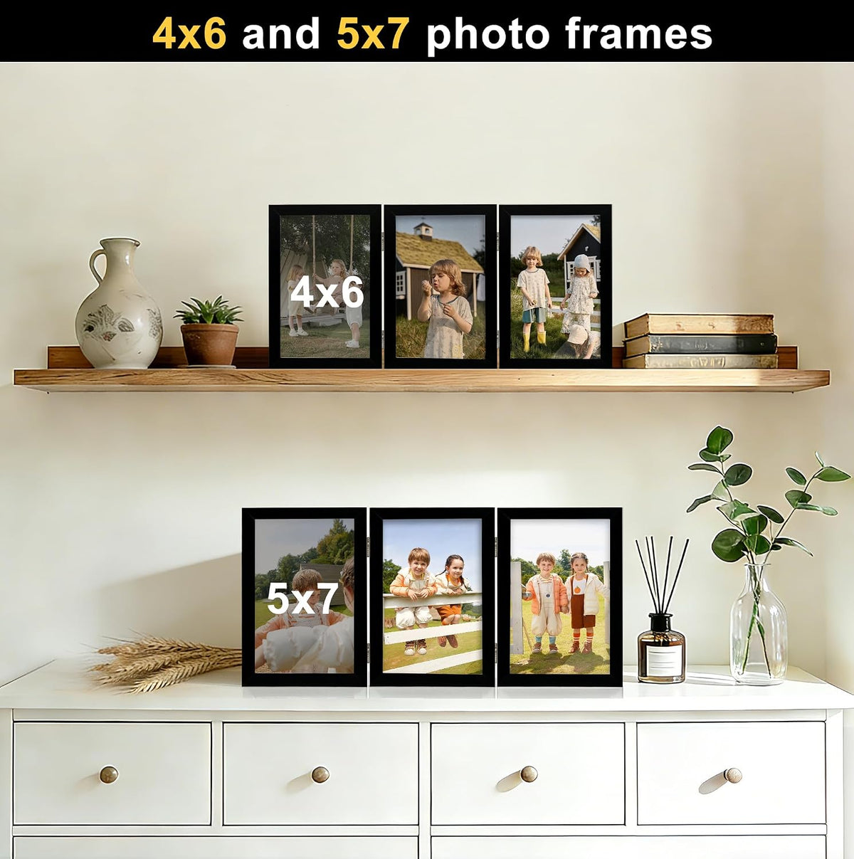 TOFOREVO 4x6 3 Picture Frame Triple Wooden Hinged Photo Frame Definition Glass Stand Vertically on Desktop or Tabletop