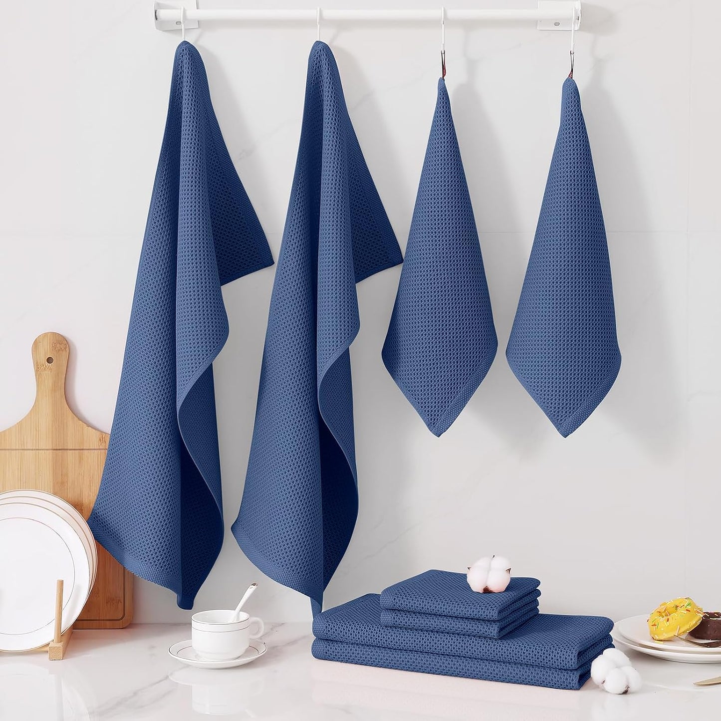 Homaxy 10 Pack 100% Cotton Kitchen Towels and Dishcloths Set, Navy Blue | 12 x 12 Inches and 13 x 28 Inches Kitchen
