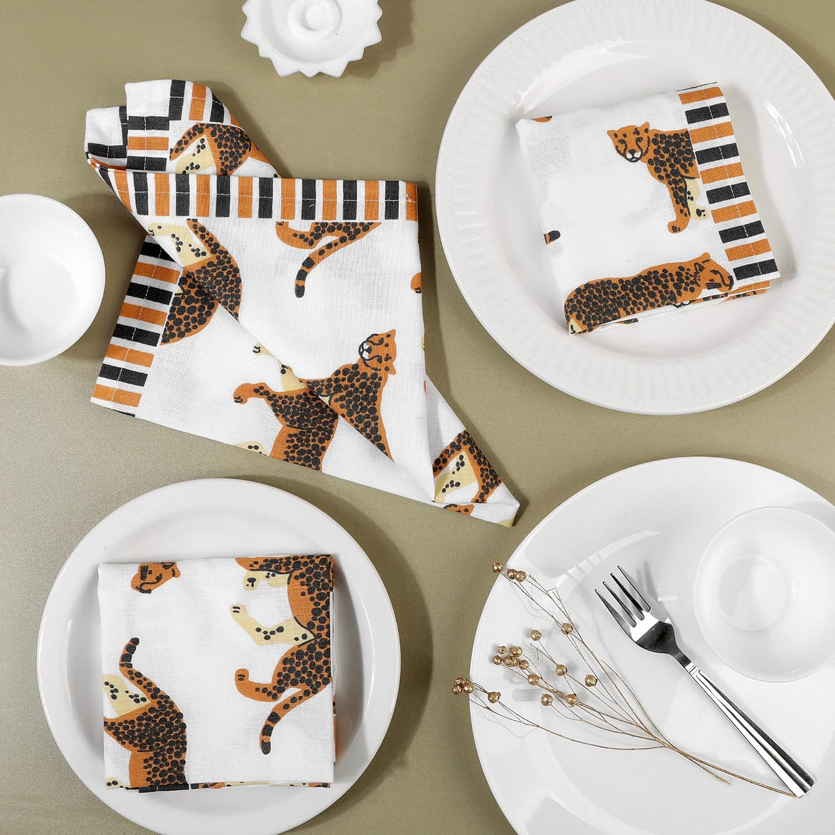 FINGERCRAFT Cloth Napkins Set of 12 Cotton Linen, 20x20 Inc, Leopard Print | Mitered corner, washable, soft, absorbent