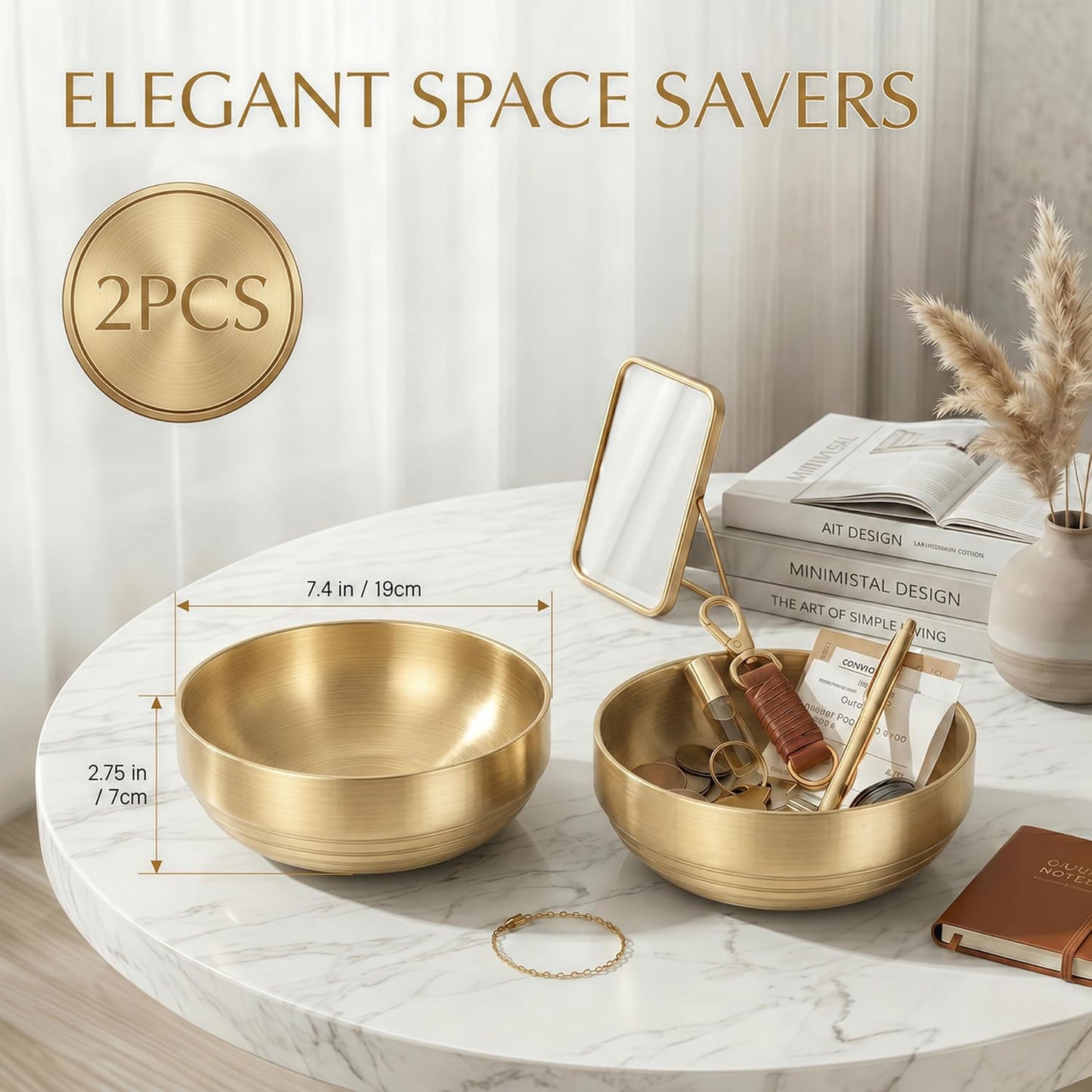 Catch All Bowl & Key Holder Tray / Gold / 7.4 Inch / Set of 2