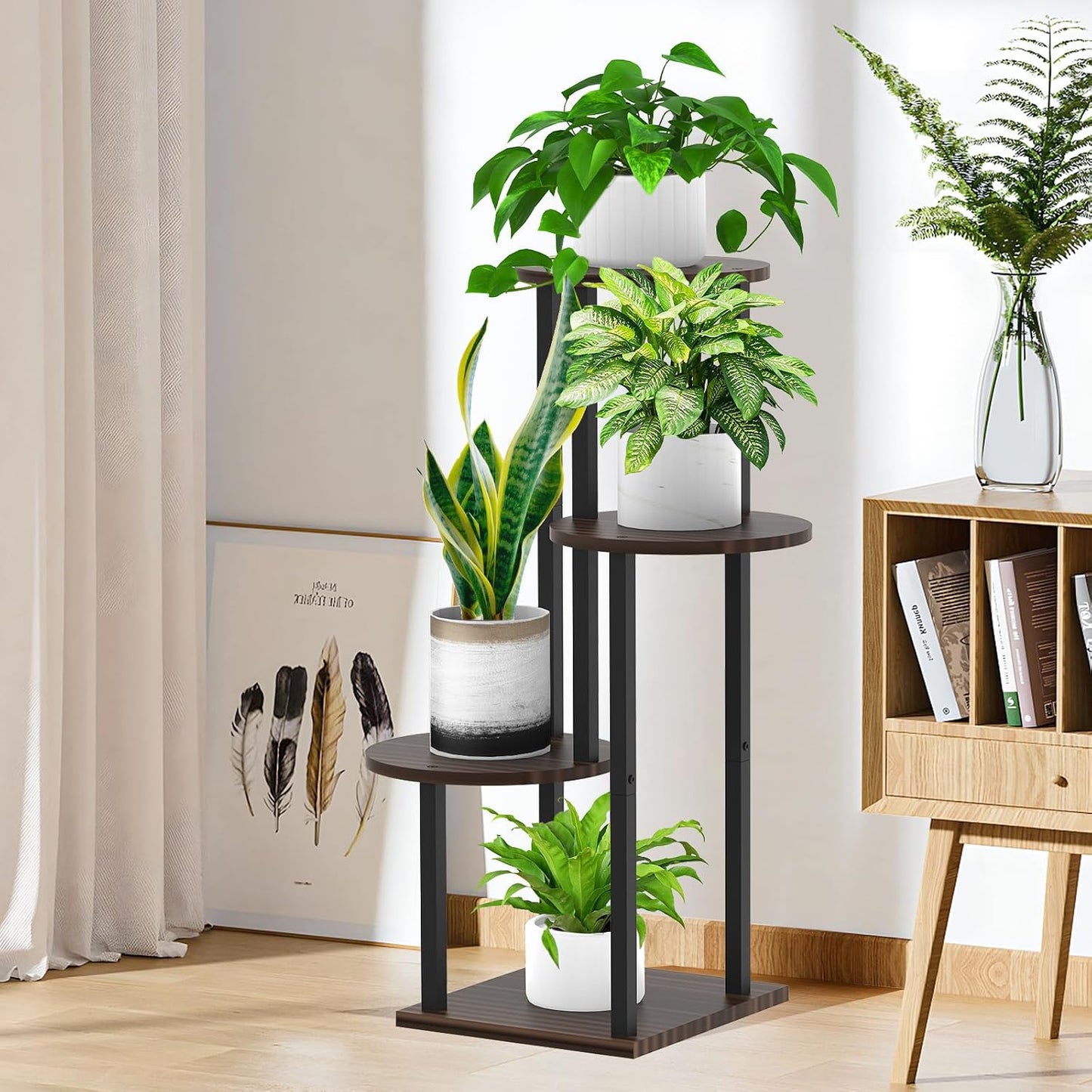 4 Tier Wood Tall Plant Stand Metal Rack Indoor, Multiple Flower Pot Holder Shelves Corner Rack, Round Planter Shelf