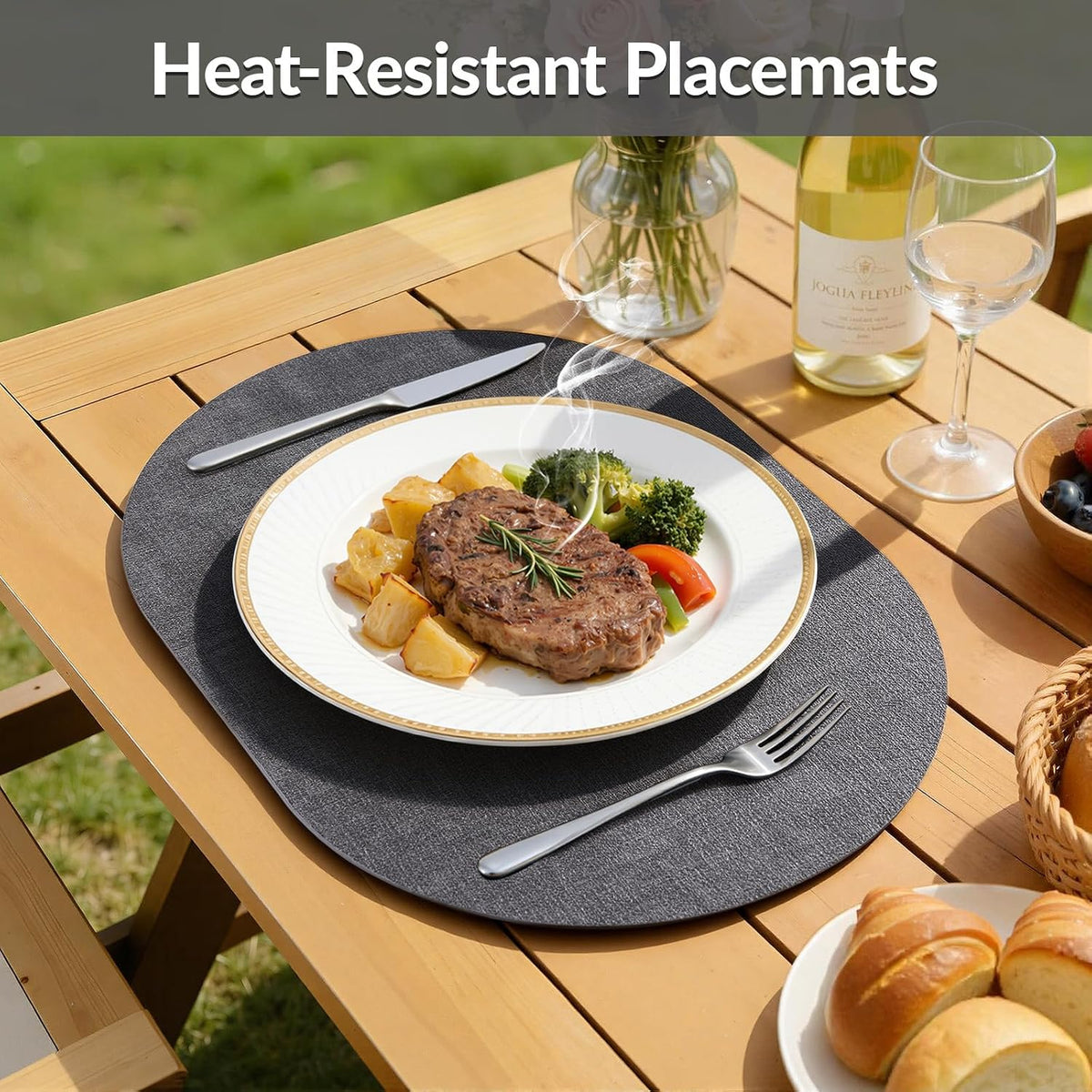 Placemats Set of 6, 11.8 x 17 Inch, Dark Grey | Heat Resistant Oval Faux Leather Place Mats, Waterproof Wipeable