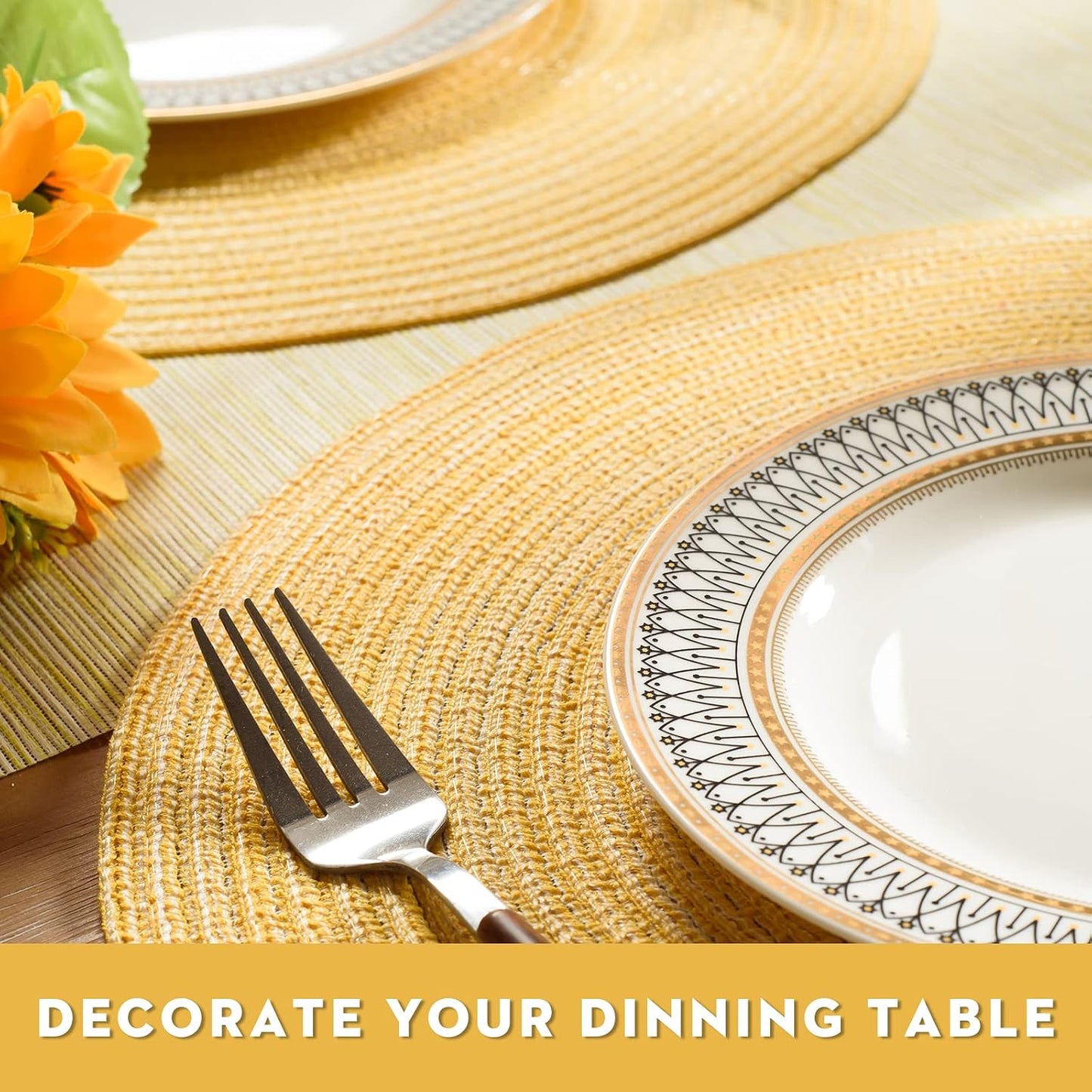 FunWheat Round Braided Placemats Set of 8 Place mats for Dining Tables Woven Heat Resistant Table Mats 15 inch(E