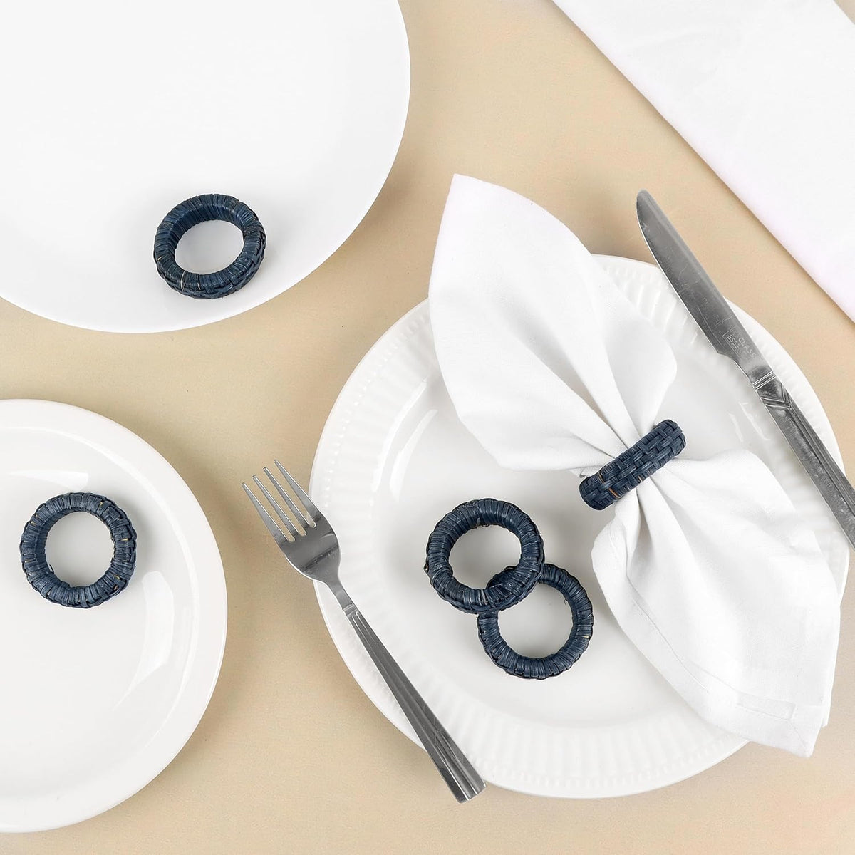 Cane Woven Napkin Rings, Navy Blue, 12-Pack | Natural cane, durable plastic core, 2.25x2.25x0.5 in, bohemian coastal
