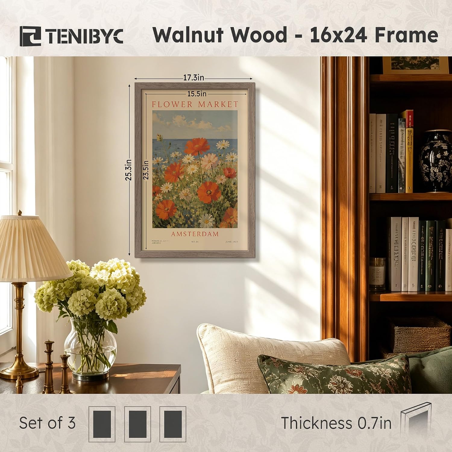 16x24 Picture Frame, Walnut Wood, 3 Pack, Wall for Photos | 1.2mm HD Plexiglass, Large Movie Poster Frame, Horizontal