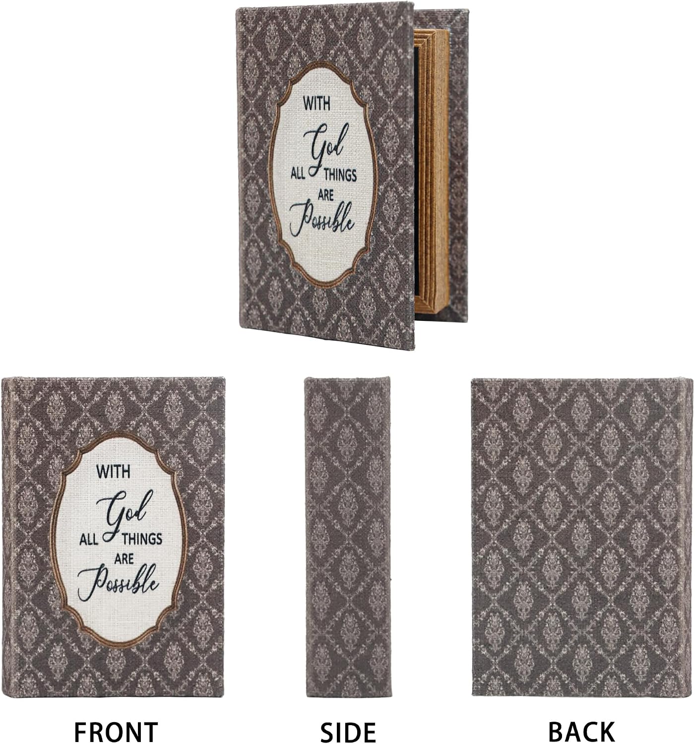 Wooden Book-Shaped Storage Box / with God All Things Are Possible) / 4.5"L x 5.9"W x 1.6"H