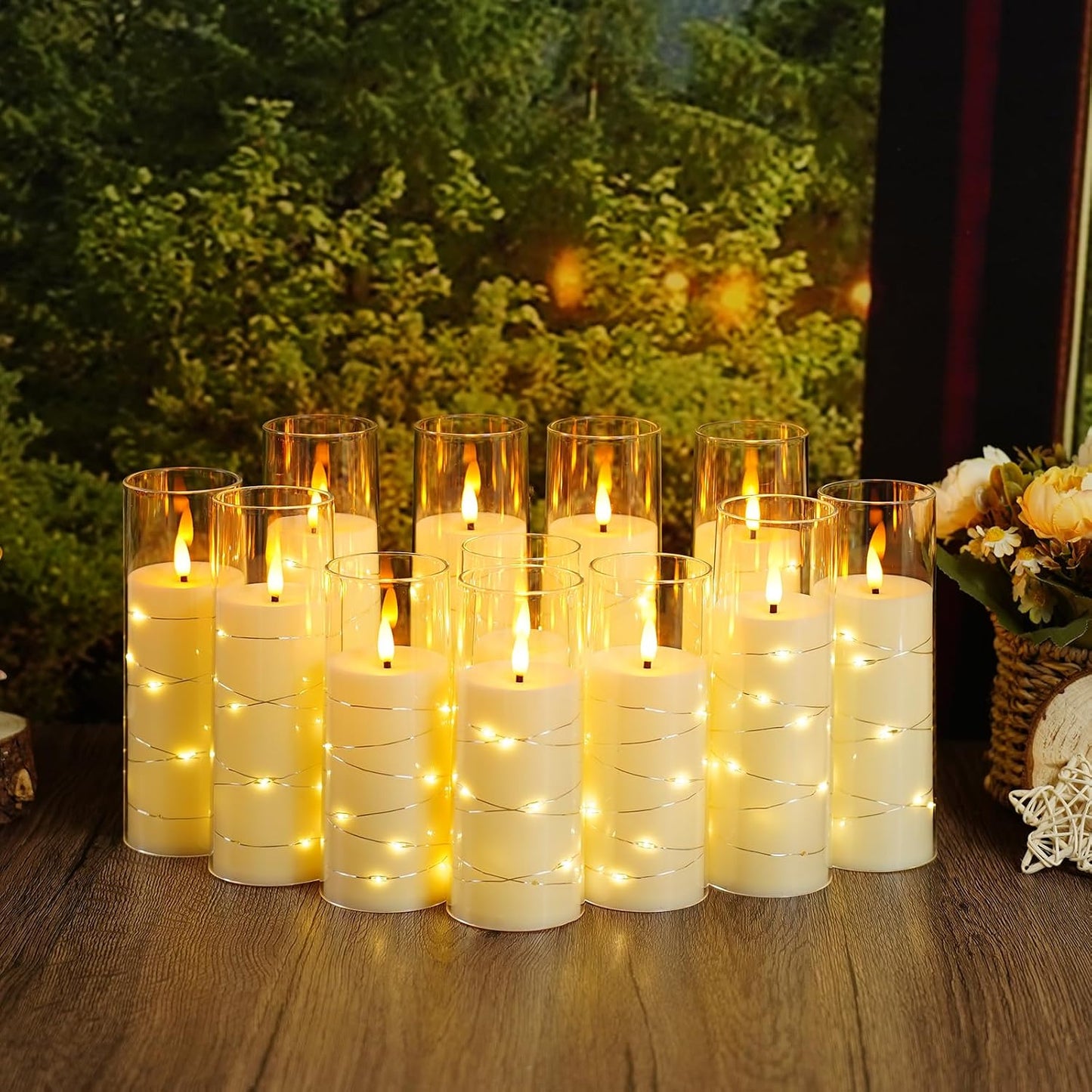 Sasigeiaa Flameless Candles with Embedded Star String - Battery Operated LED Candles, with Remote,12 Ivory Flickering