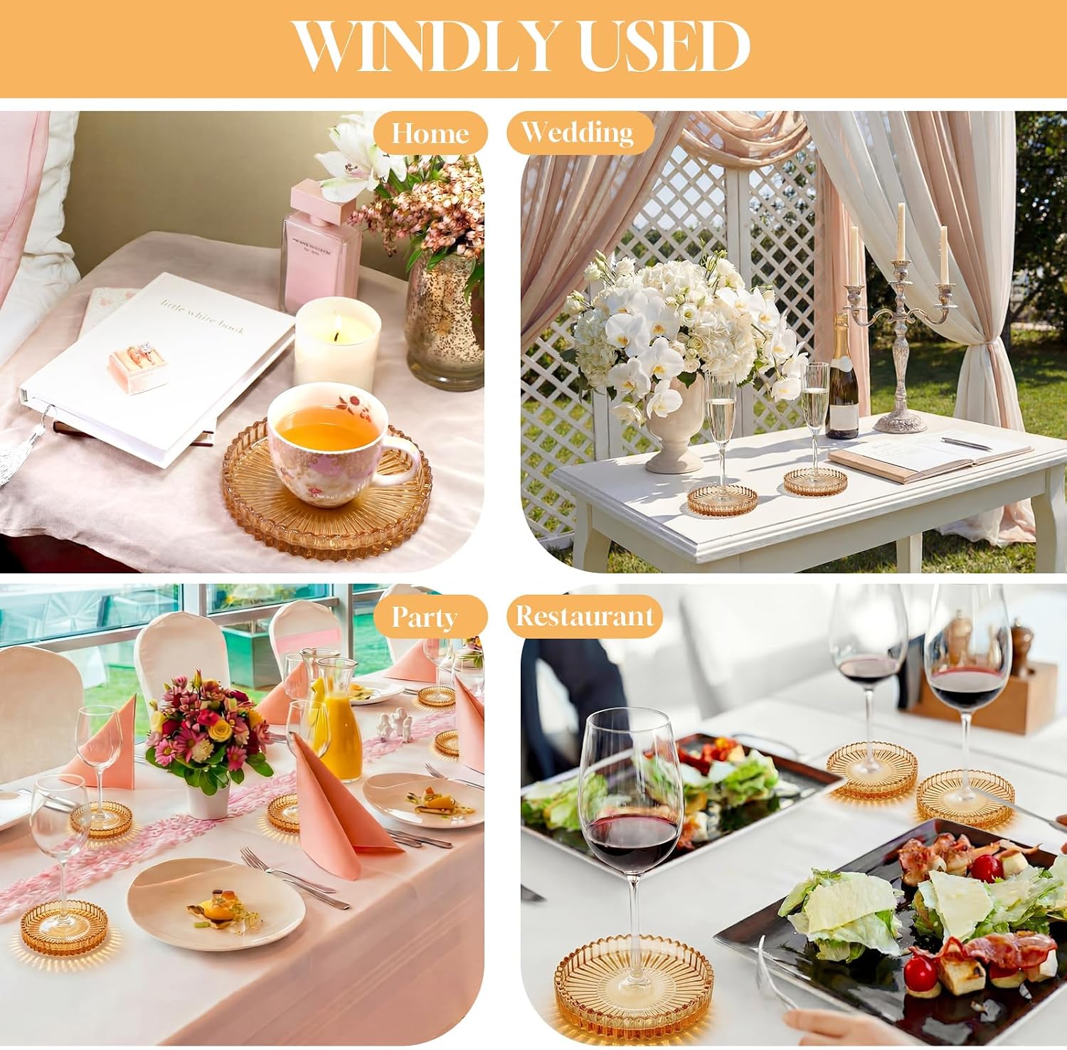 Holder Drink Coasters Crystal Round Beverage Cup Mats Candle Holder Tray / Amber / Clear / Set of 8