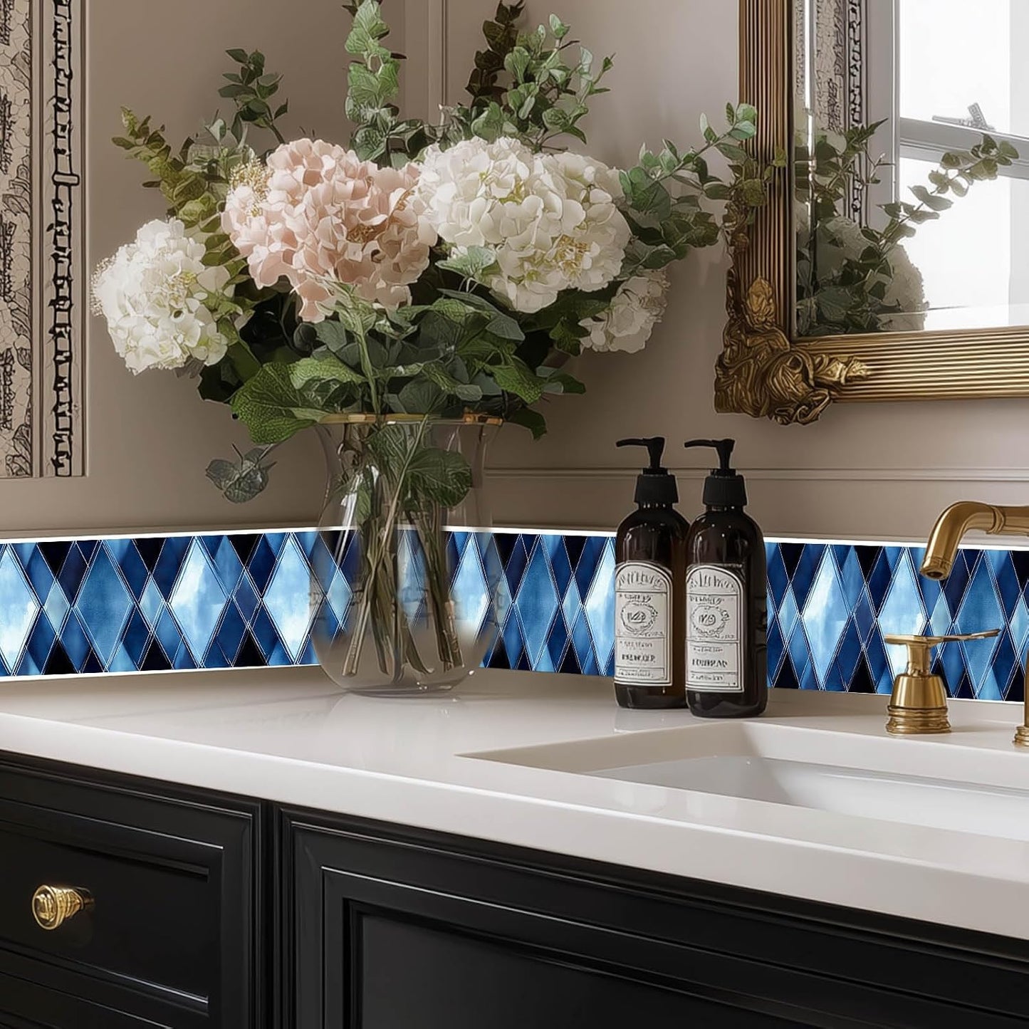 Wallpaper Border Blue Strip Wallpaper Peel and Stick Wall Diamond Geometric / Blue Diamond Glass